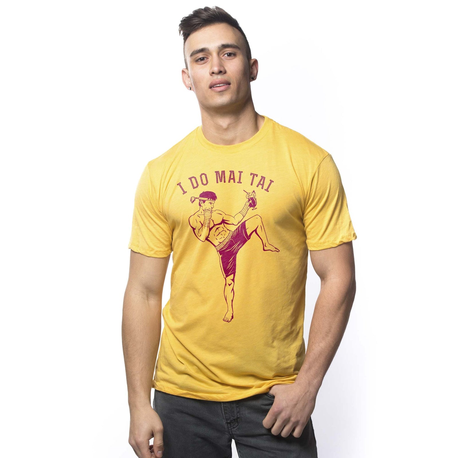 Men's I Do Mai Tai Funny Graphic T-Shirt | Vintage Muay Thai Pun Tee On Model | Solid Threads