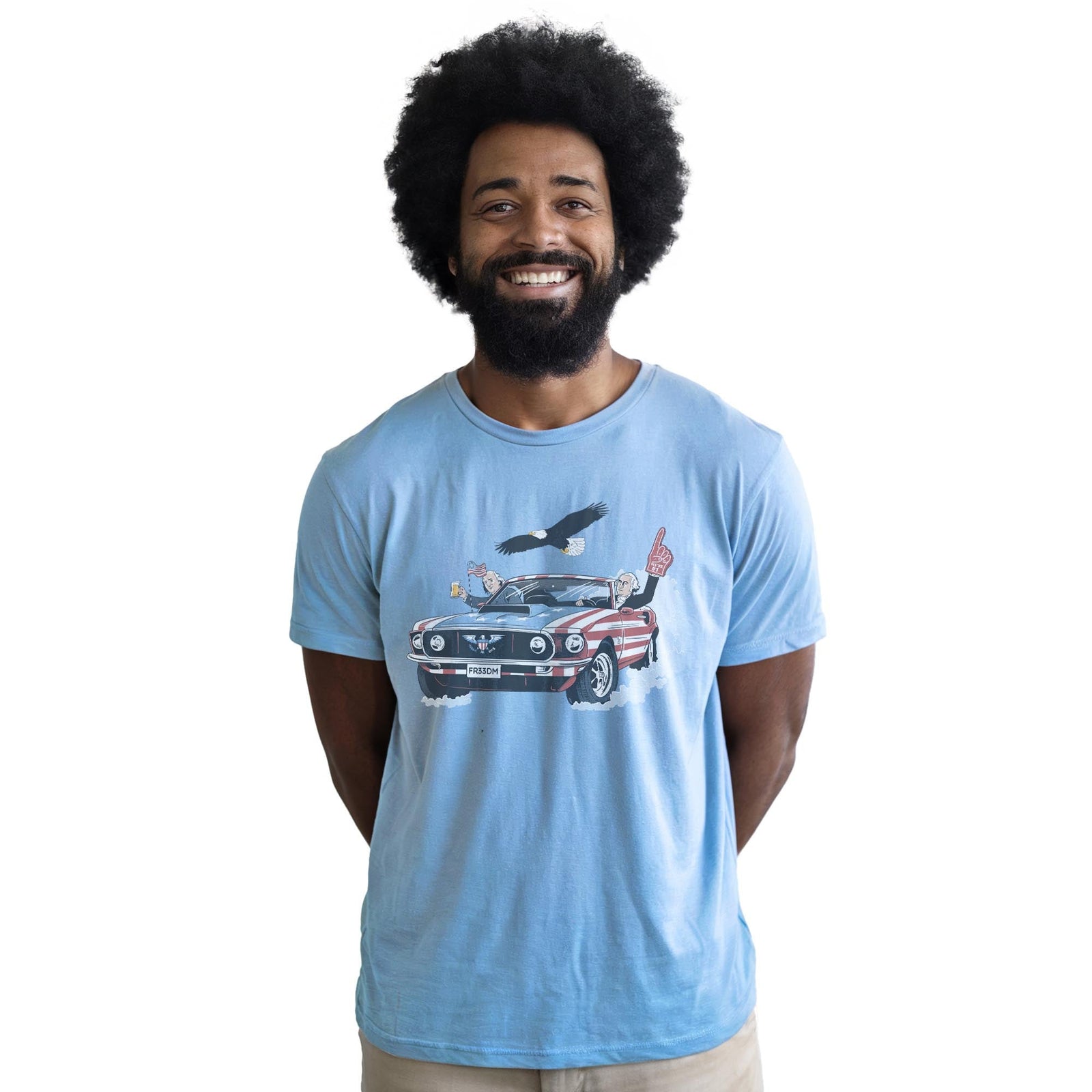 Usa! Usa! Usa! Funny Staple T-shirt in Light Blue Heather On Model - Front View