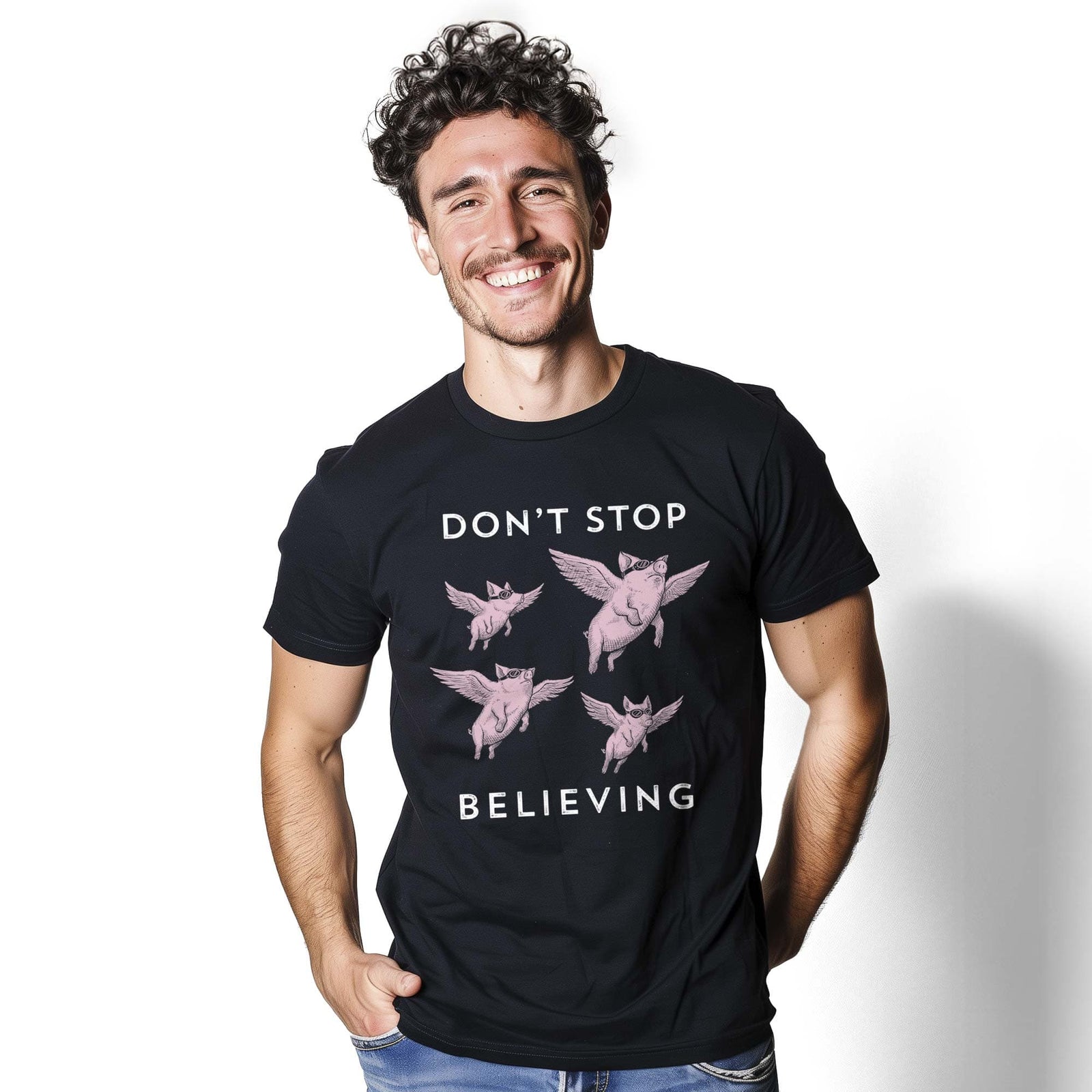Men's Don'T Stop Believing Cool Graphic T-Shirt | Funny Pigs Flying Tee On Model | Solid Threads