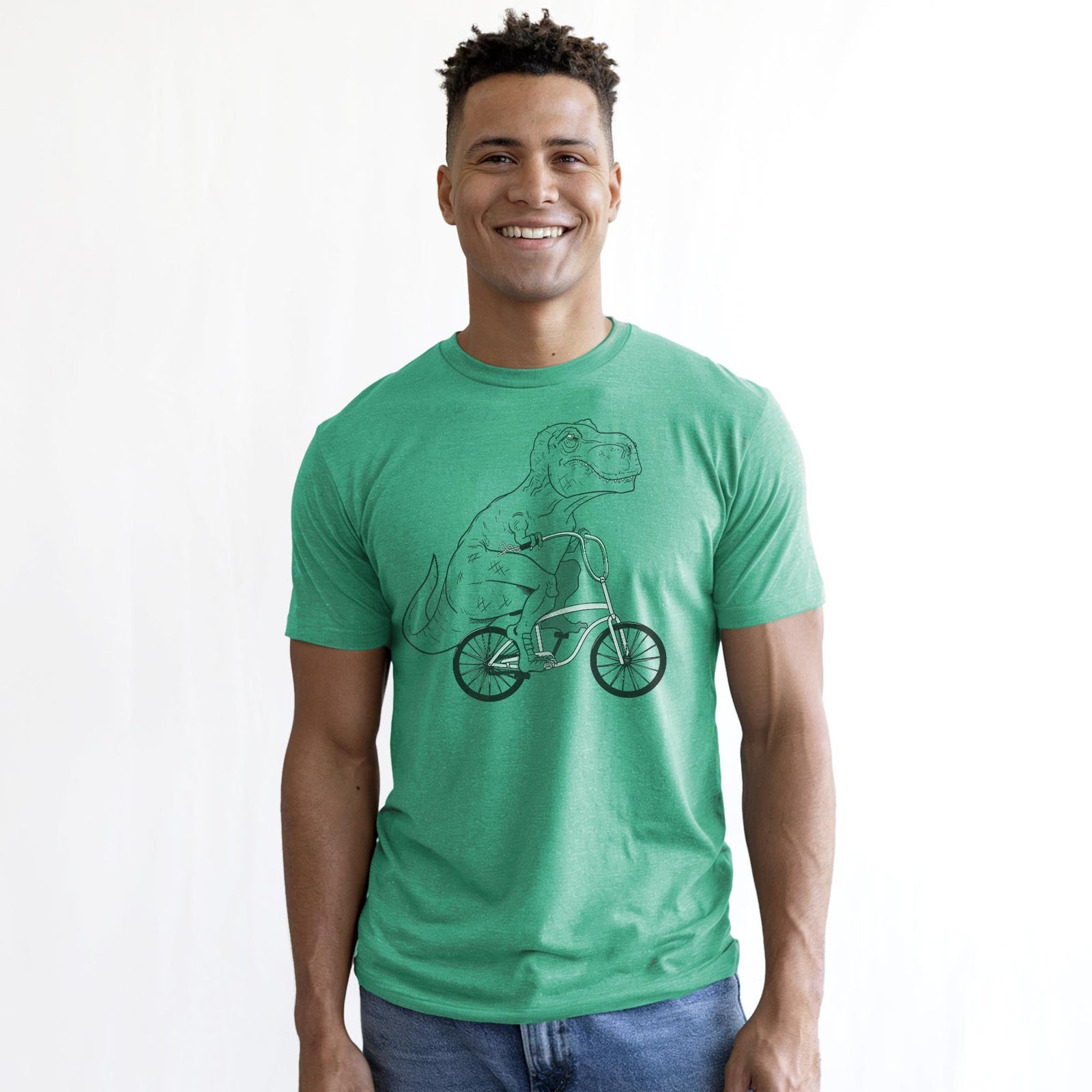 T-rex Beach Cruiser Vintage Staple T-shirt in Kelly Heather On Model - Front View