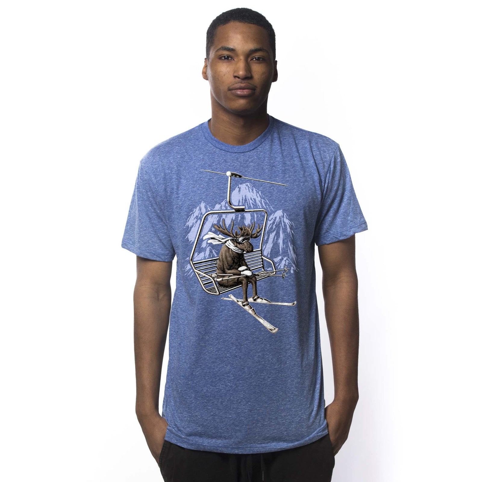 Men's Vacation Moose Funny Graphic T Shirt | Vintage Ski Lift Winter Tee On Model | Solid Threads