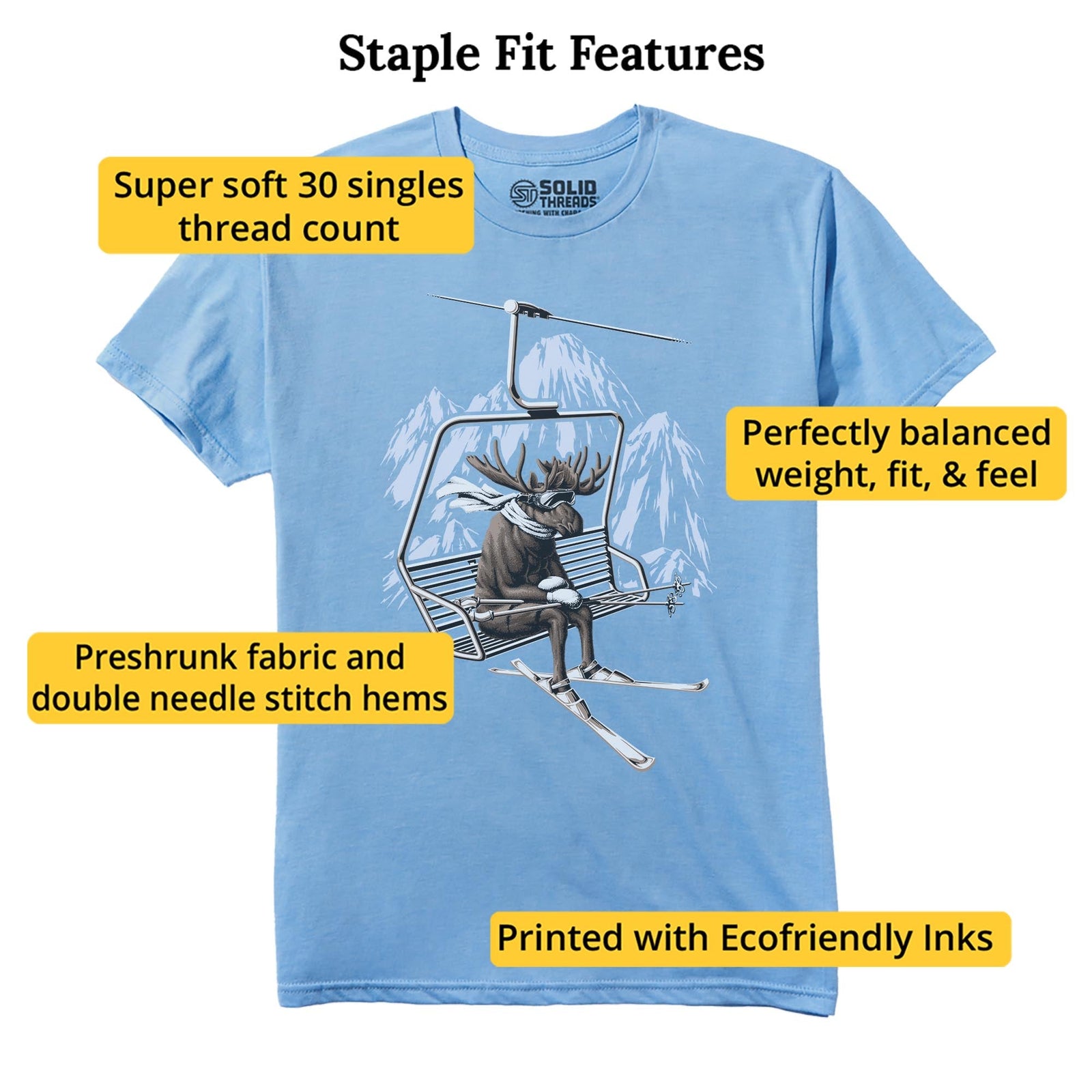 Vacation Moose Funny Staple T-shirt in Light Blue Heather - Fit Attributes