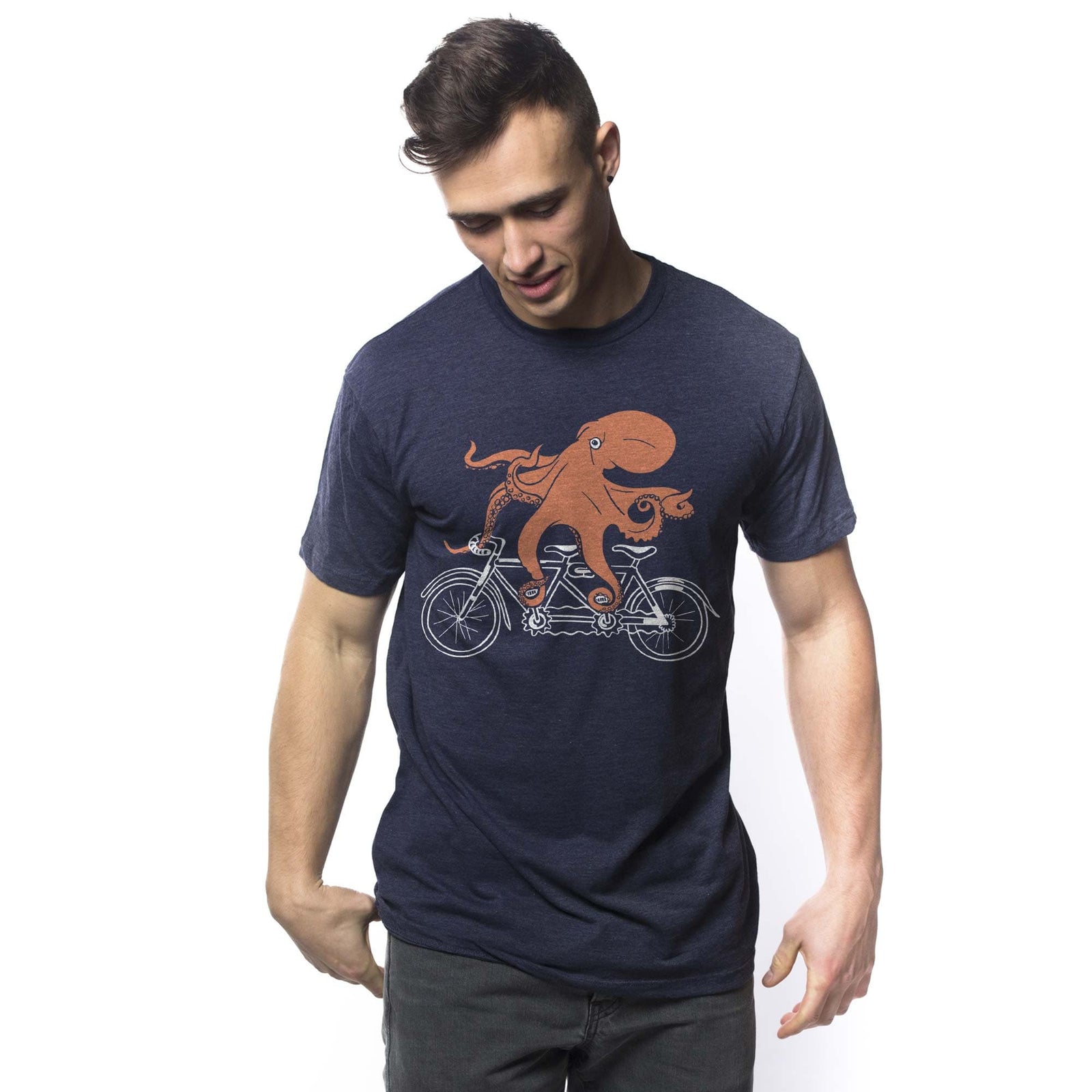 Men's Octopedal Cool Graphic T-Shirt | Designer Octopus Bicycle Tee On Model | Solid Threads