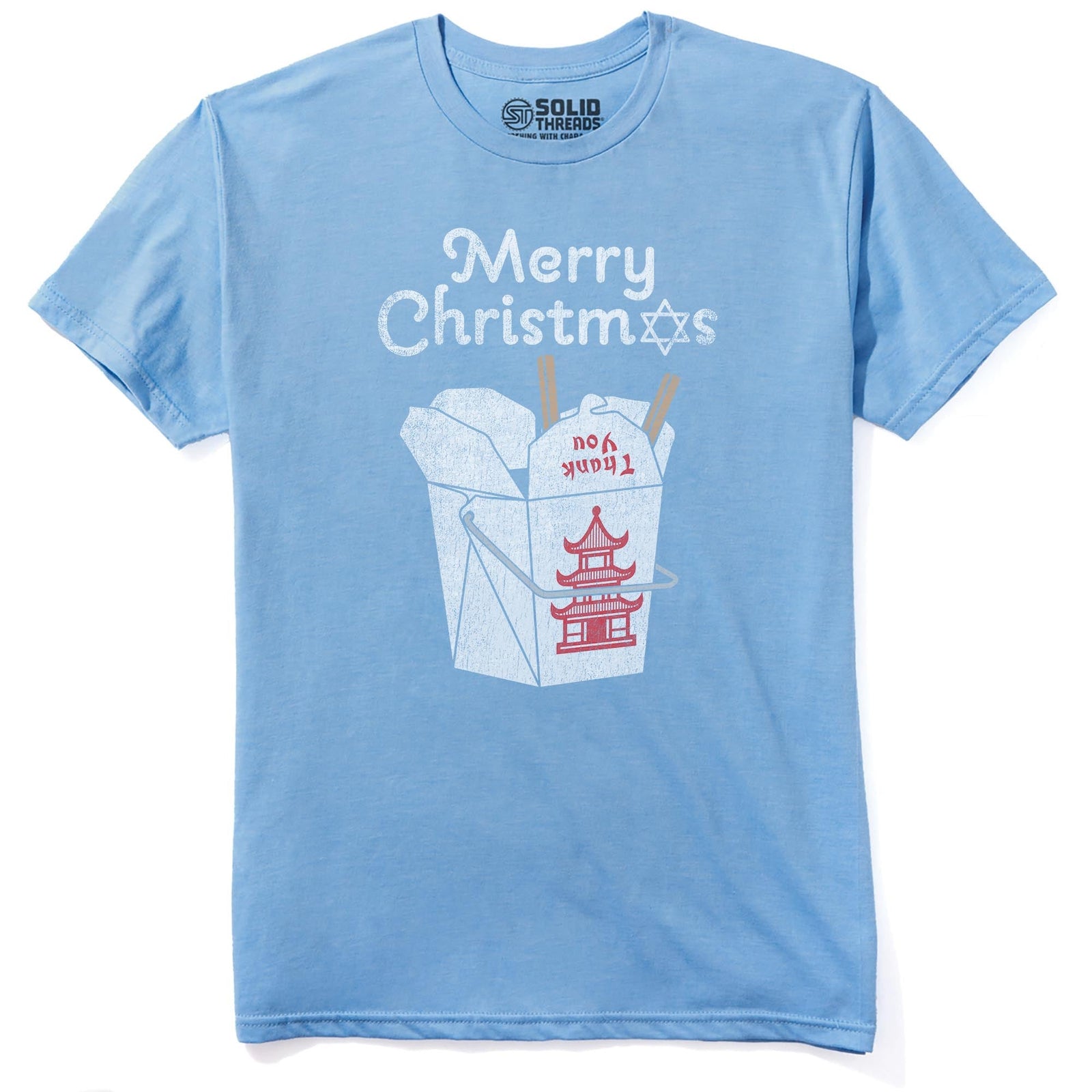 Jewish Christmas Funny Staple T-shirt in Light Blue Heather - Front View