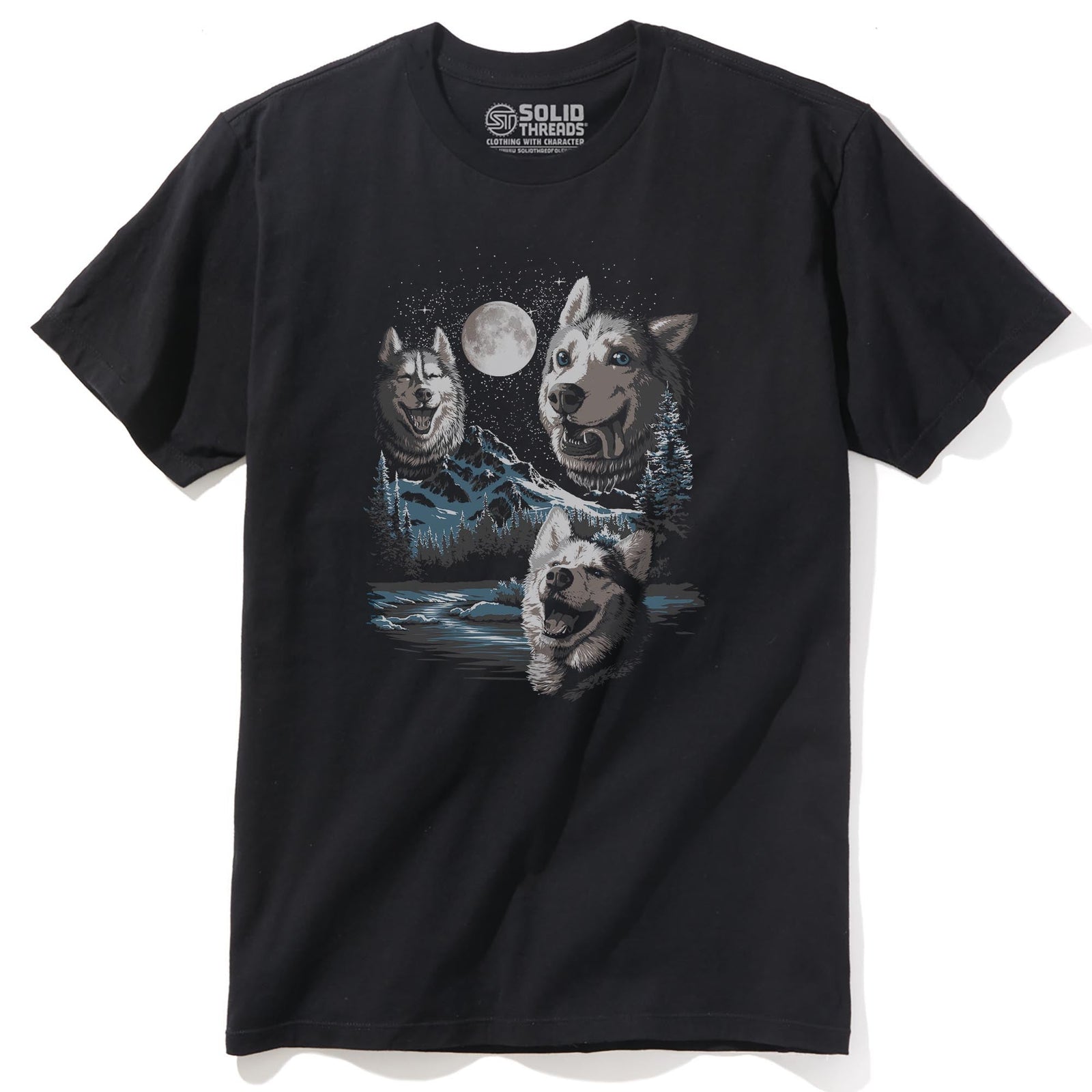 Three Derp Huskies Funny Staple T-shirt in Black - Front View