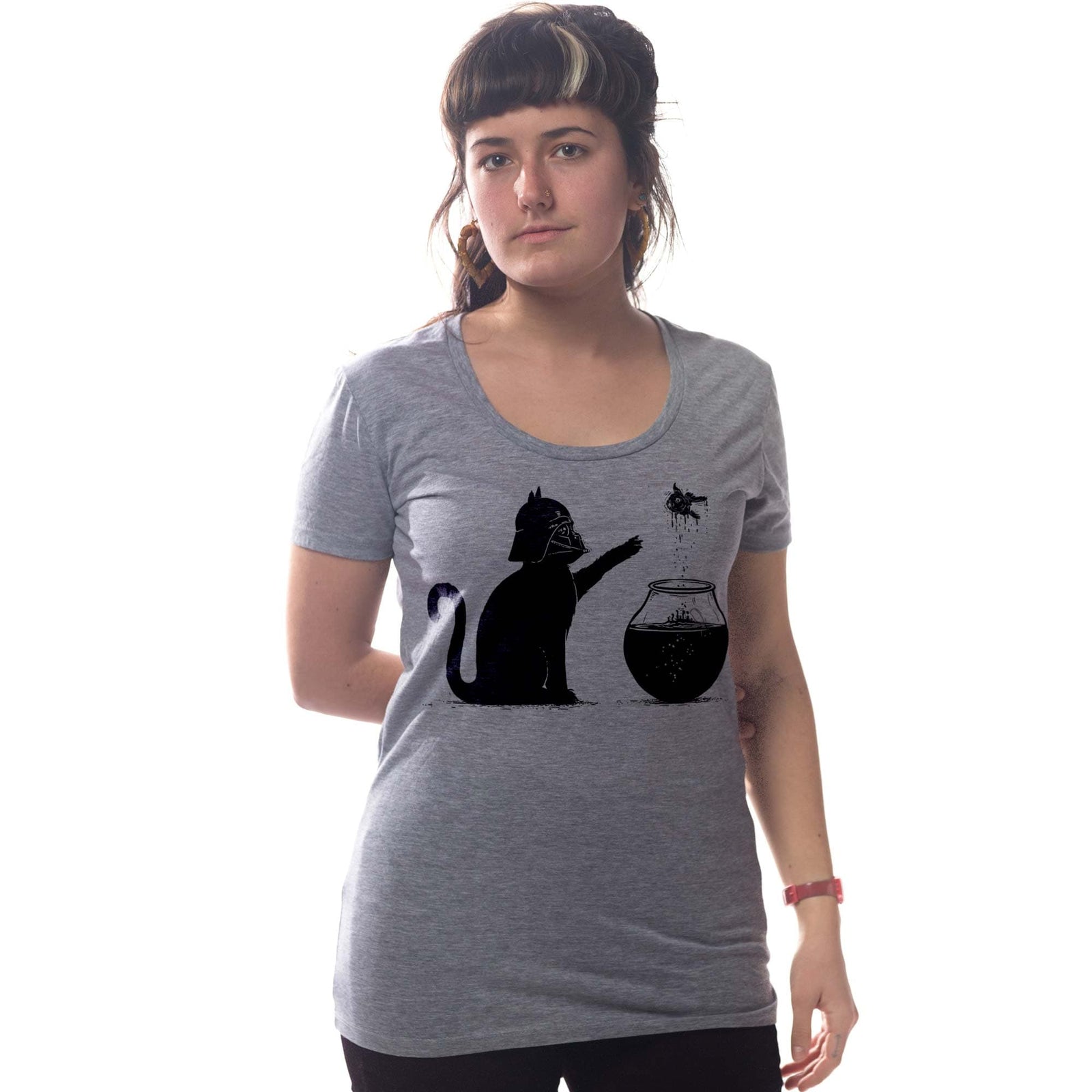 Women's All Too Easy Funny Graphic T-Shirt | Designer Cat Fish Darth Tee On Model | Solid Threads