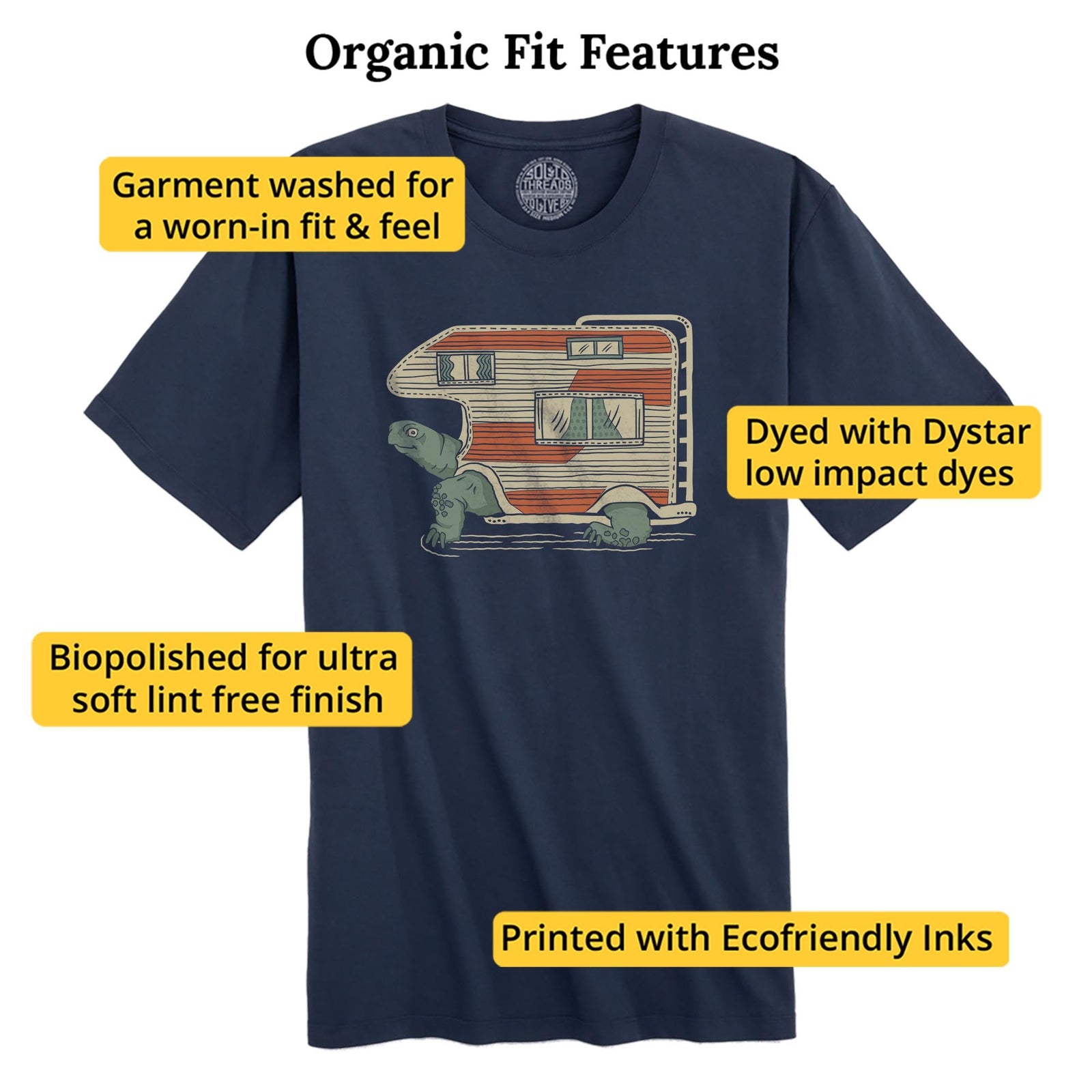 Tortoise Camper Funny Organic T-shirt in Navy - Fit Attributes