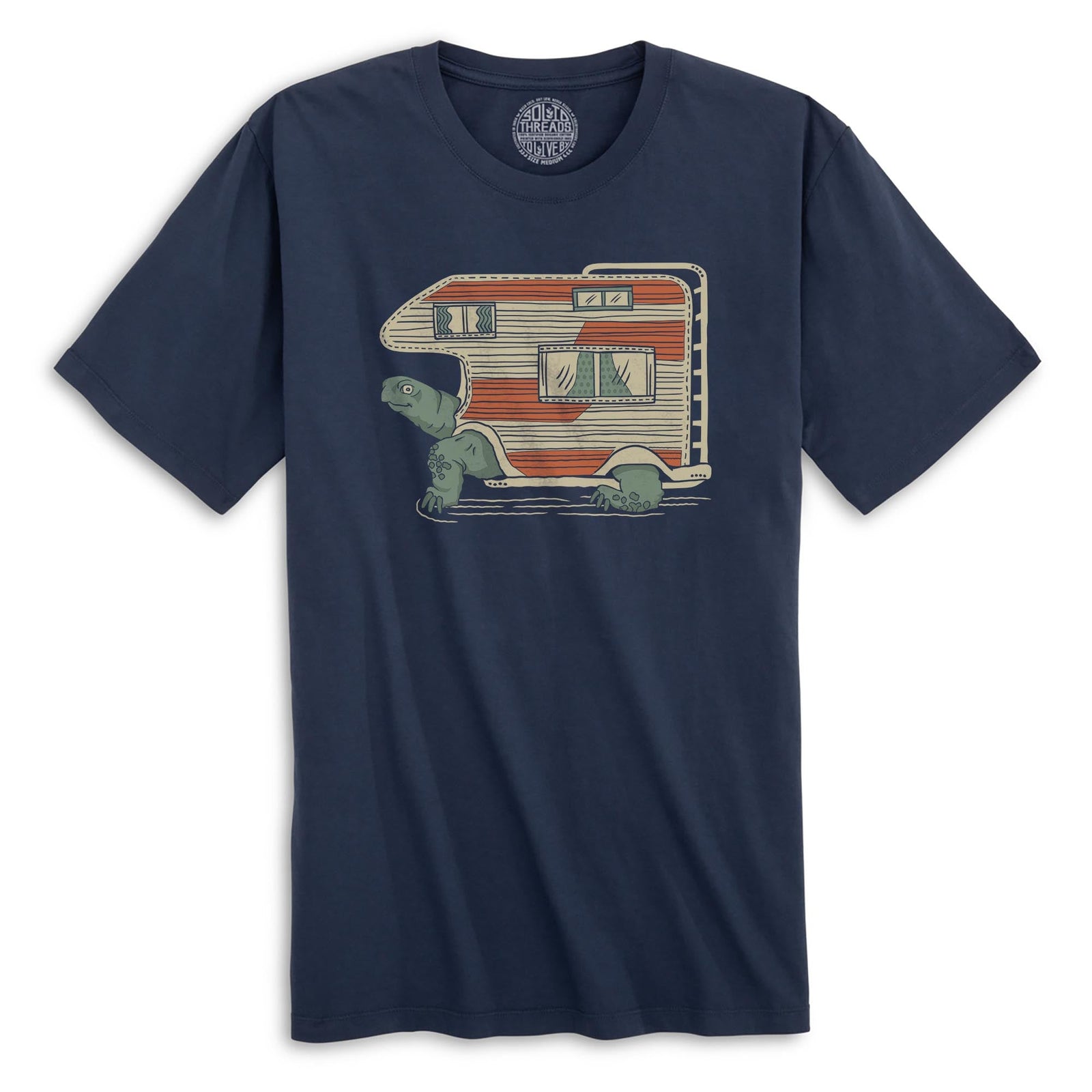 Tortoise Camper Funny Organic T-shirt in Navy - Front View