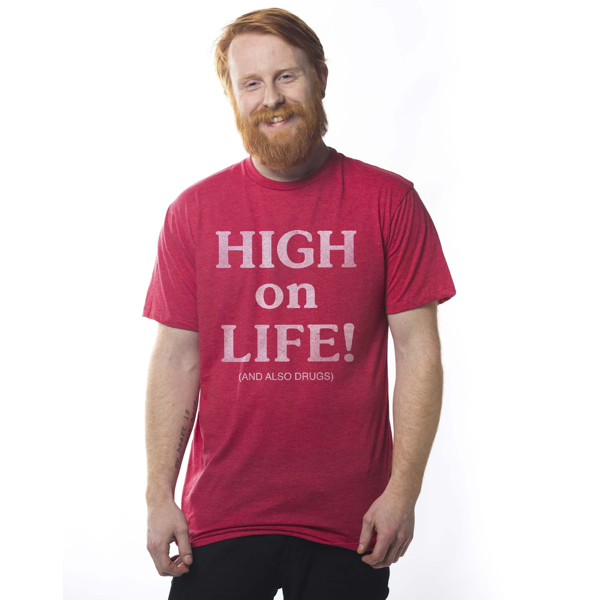Men's High On Life And Also Drugs Funny Graphic T-Shirt | Vintage Marijuana Ironic  Tee On Model | Solid Threads