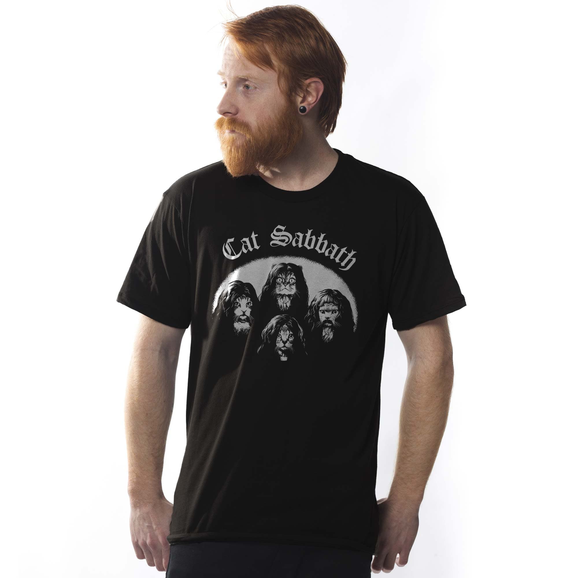 Men's Cat Sabbath Funny Graphic T-Shirt | Vintage Black Metal Rock Tee On Model | Solid Threads