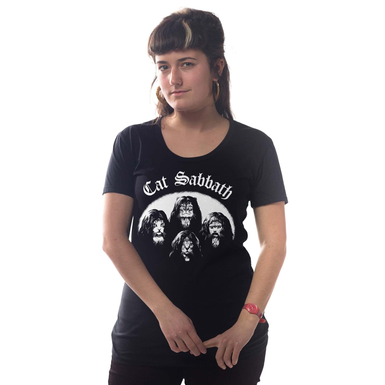 Women's Cat Sabbath Funny Graphic T-Shirt | Vintage Black Metal Rock Tee On Model | Solid Threads