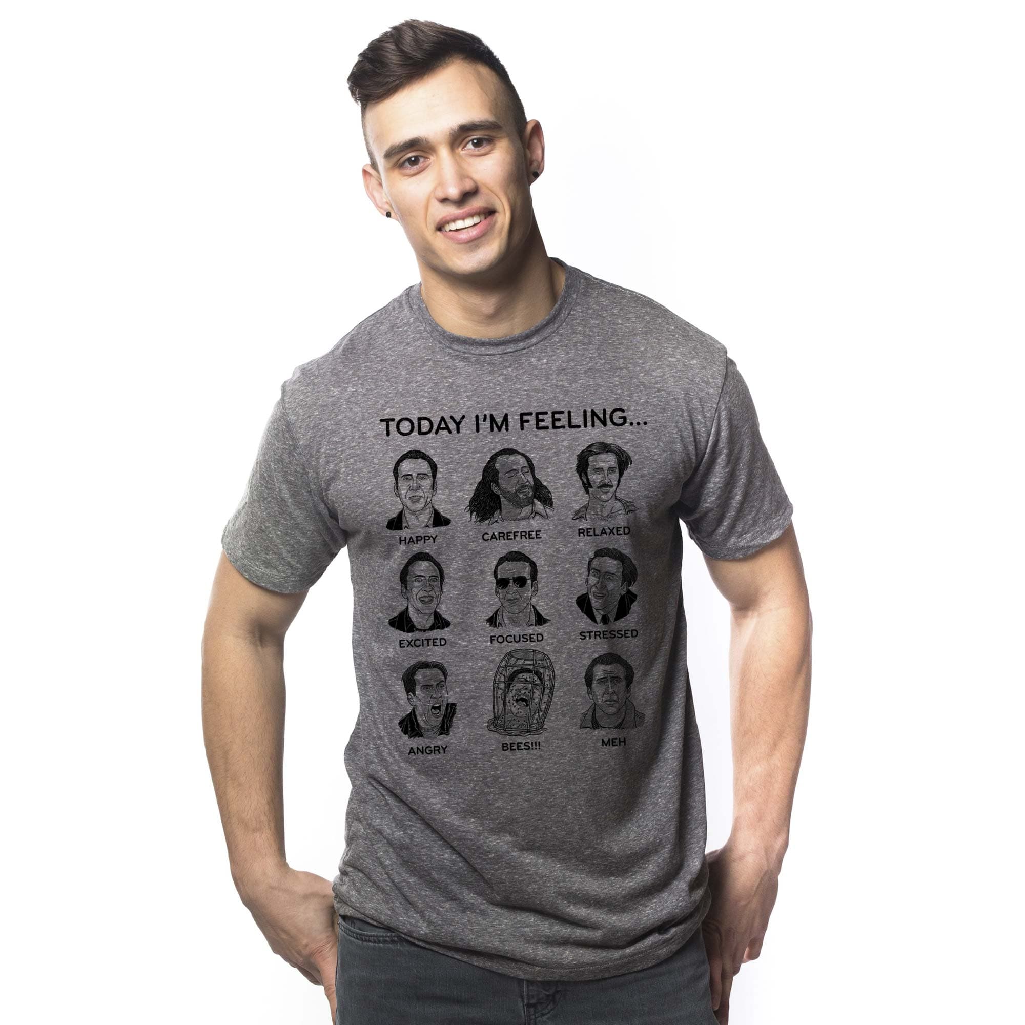 Men's Nicolas Cage Mood Board Funny Meme Graphic T-Shirt | Cool Faces Today Tee | Solid Threads