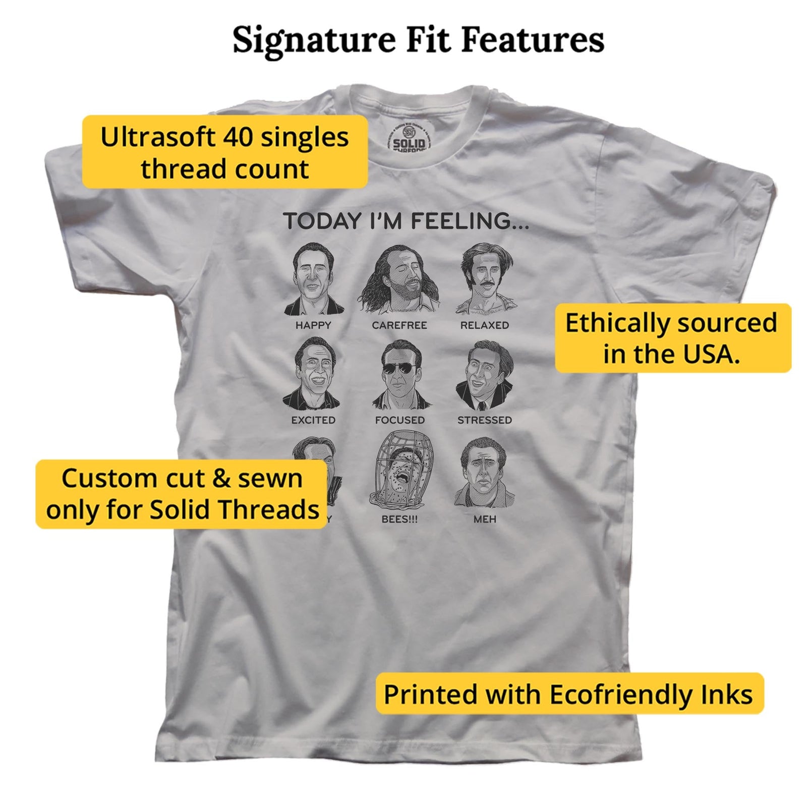 Nicolas Cage Mood Board Funny Signature T-shirt in Silver - Fit Attributes