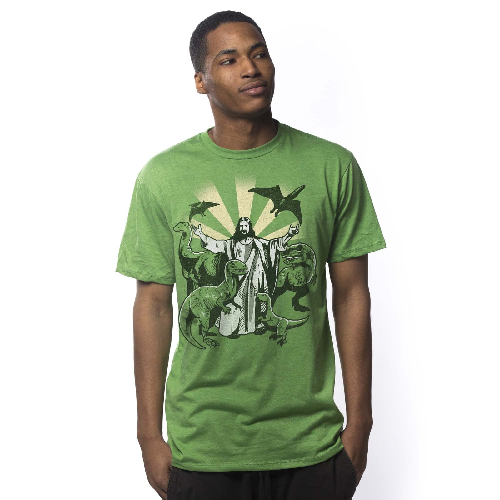 Men's Jesus And The Dinosaurs Vintage Graphic T-Shirt | Funny Evolution T-Rex Tee On Model | Solid Threads