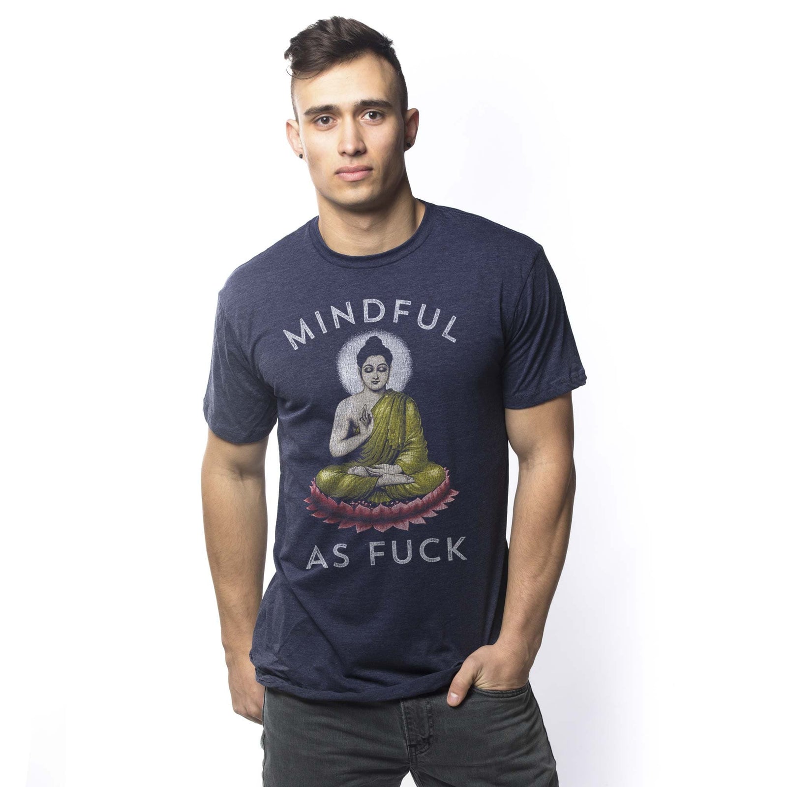 Men's Mindful As F--K Vintage Graphic T-Shirt | Designer Buddhist Meditation Tee On Model | Solid Threads