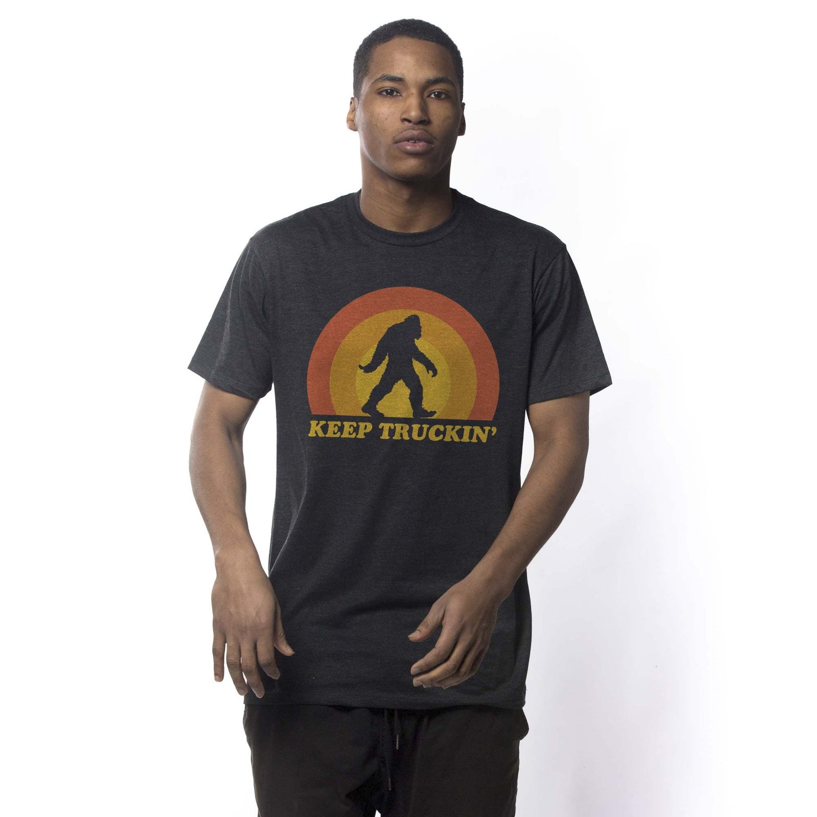 Men's Keep Truckin' Cool Graphic T-Shirt | Vintage Bigfoot Sasquatch Tee On Model | Solid Threads