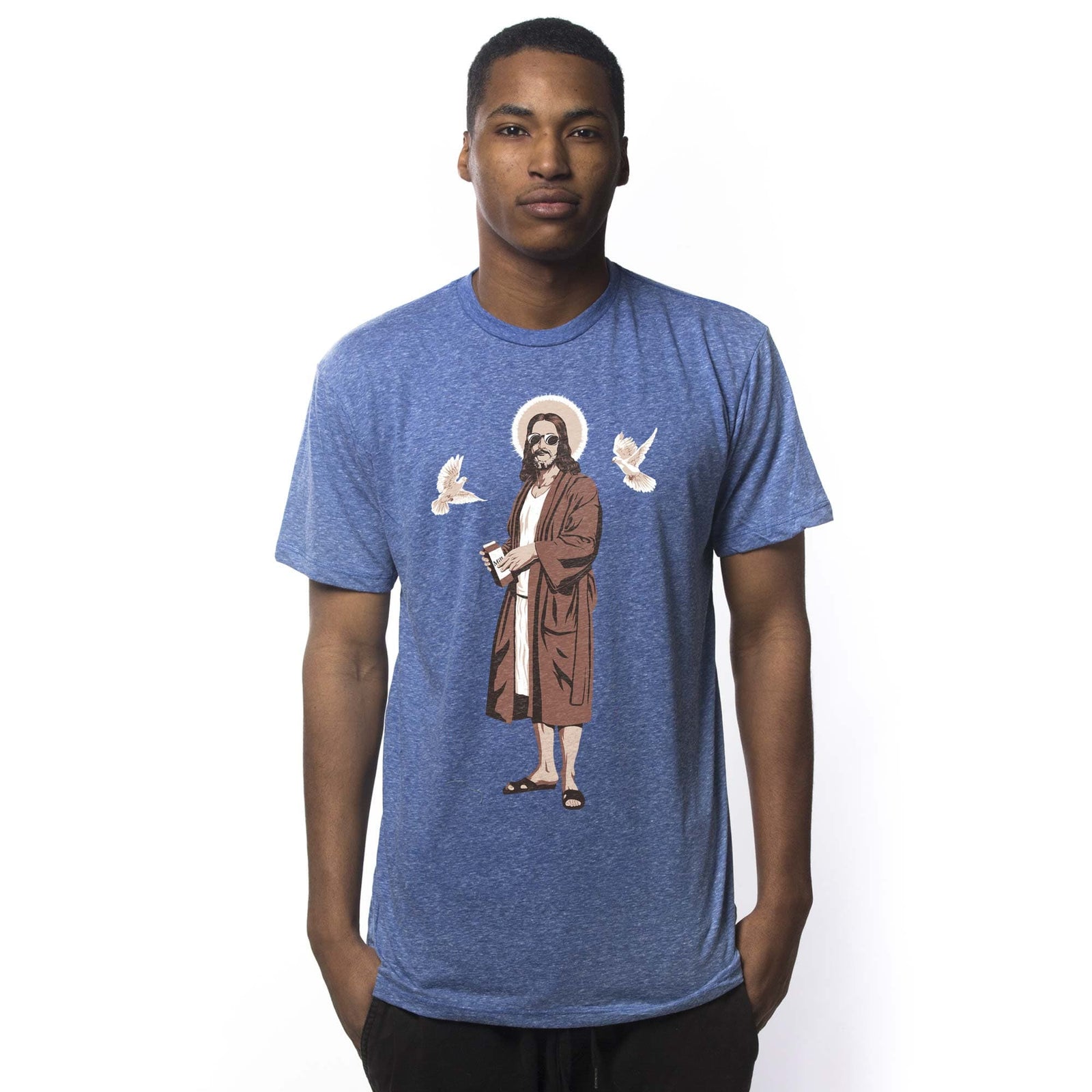 Men's Dude Jesus Designer Graphic T-Shirt | Cool Lebowski Robe Tee On Model | Solid Threads