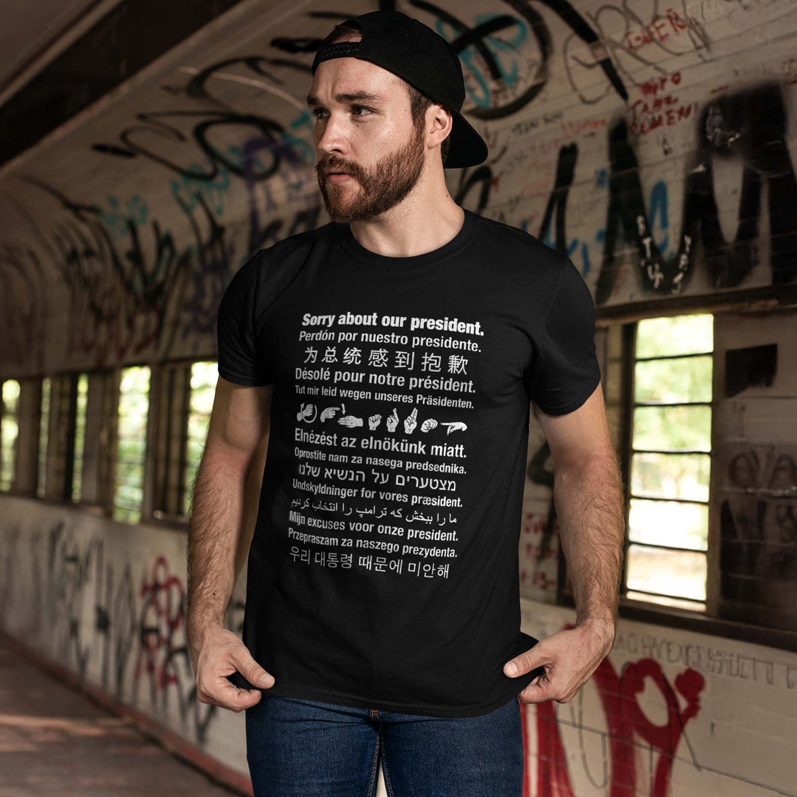 Men's Sorry About Our President Cool Graphic T-Shirt | Designer Political Trump Apology Tee On Model | Solid Threads