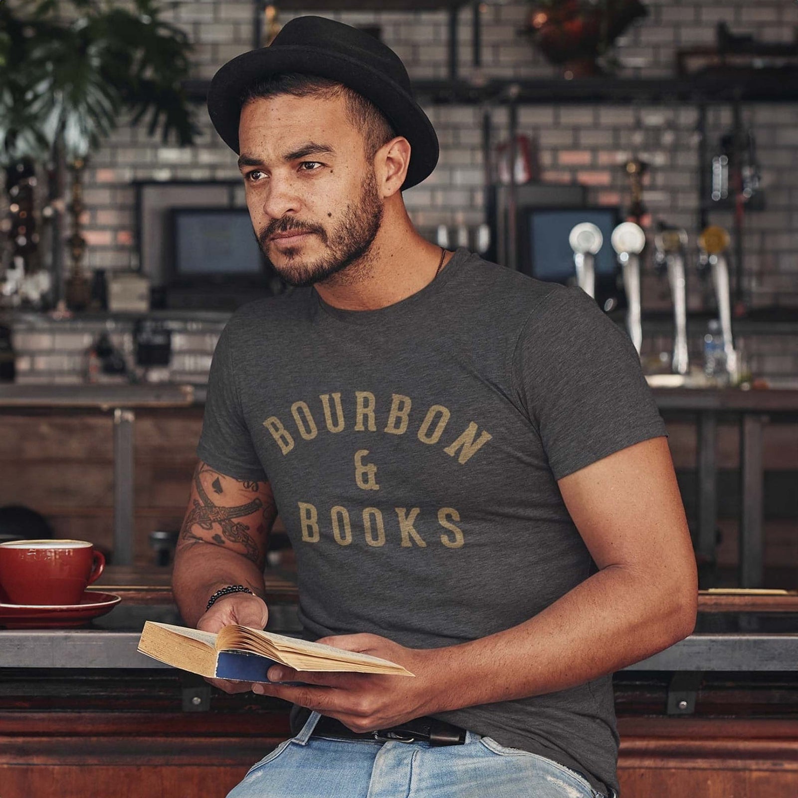 Men's Bourbon & Books Funny Graphic T-Shirt | Vintage Whiskey Bookish Tee On Model | Solid Threads
