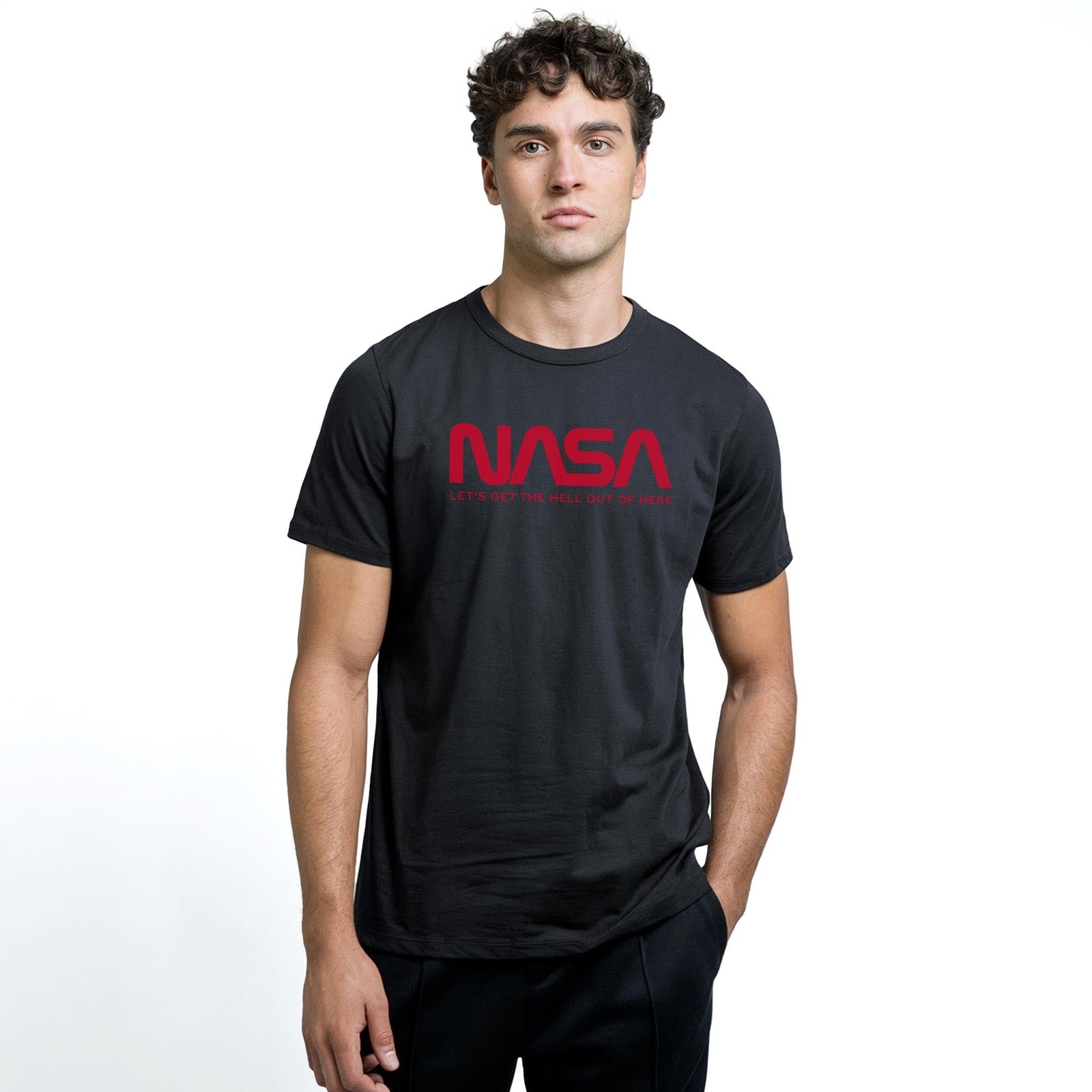 Nasa Vintage Staple T-shirt in Black On Model - Front View