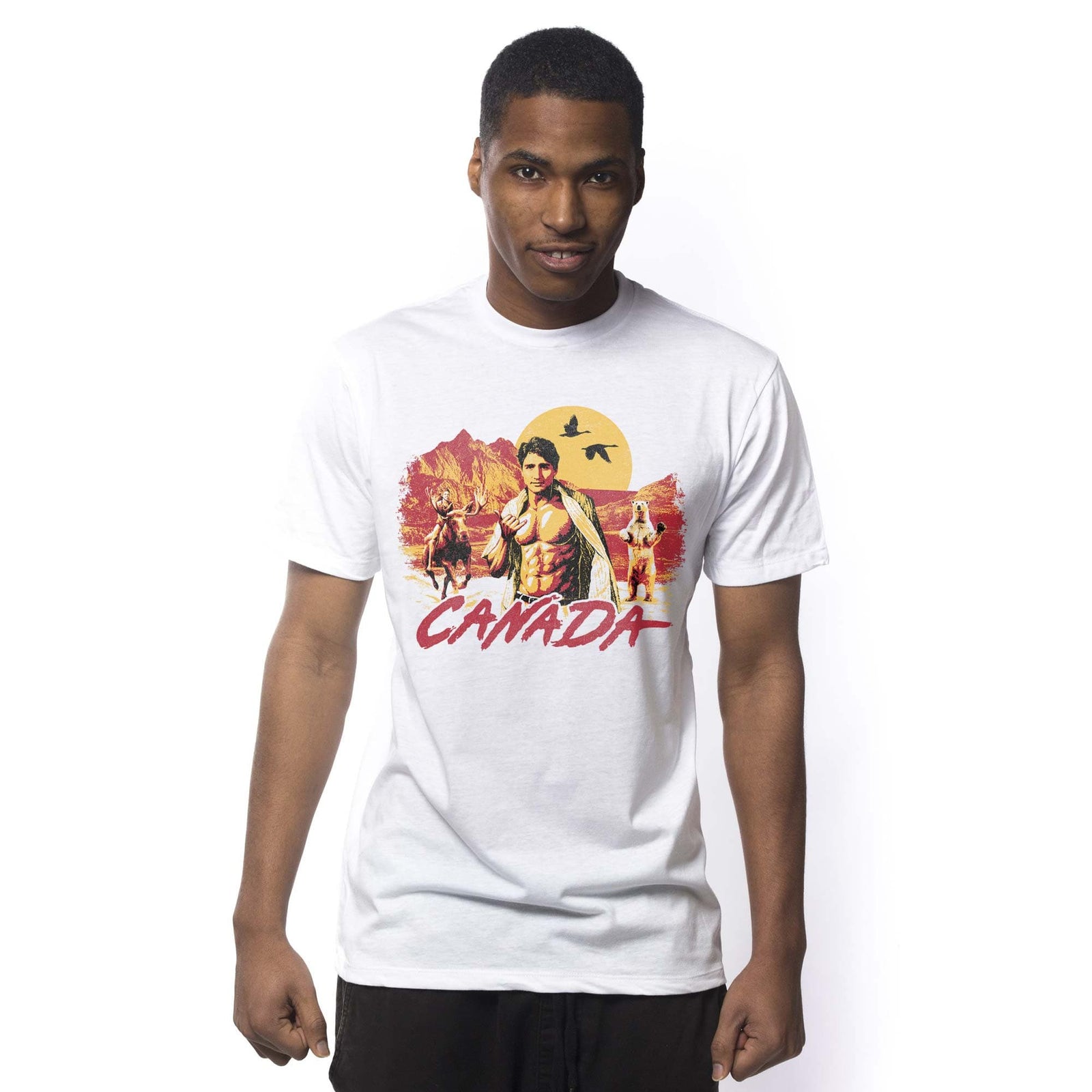 Men's Canada Designer Graphic T-Shirt | Funny Justin Trudeau Moose Tee On Model | Solid Threads