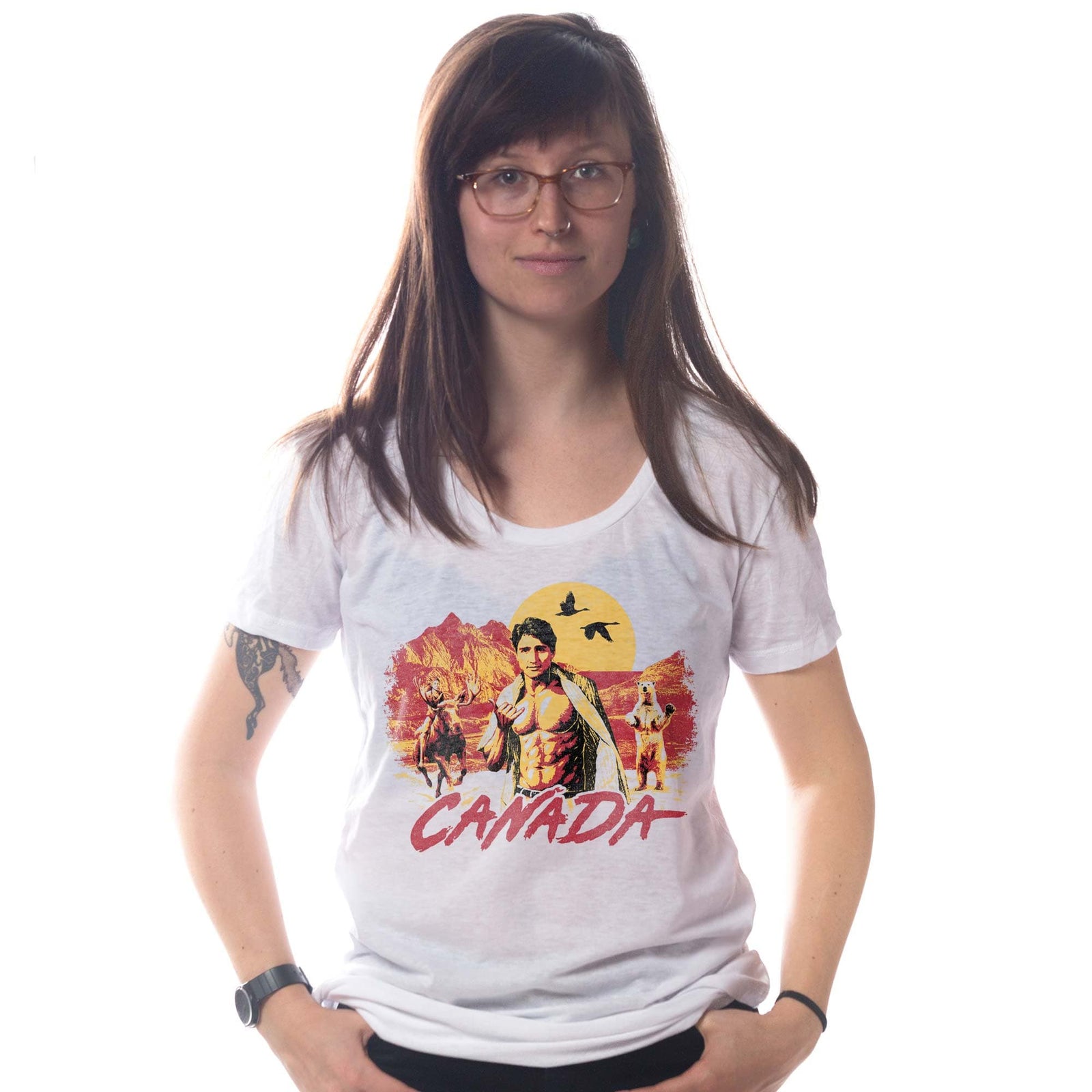 Women's Canada Designer Graphic T-Shirt | Funny Justin Trudeau Moose Tee On Model | Solid Threads