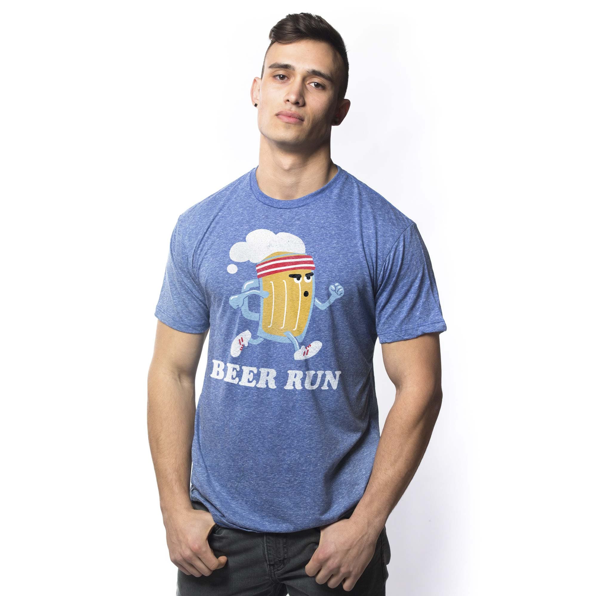 Men's Beer Run Funny Graphic T-Shirt | Vintage Mug Race  Tee On Model | Solid Threads