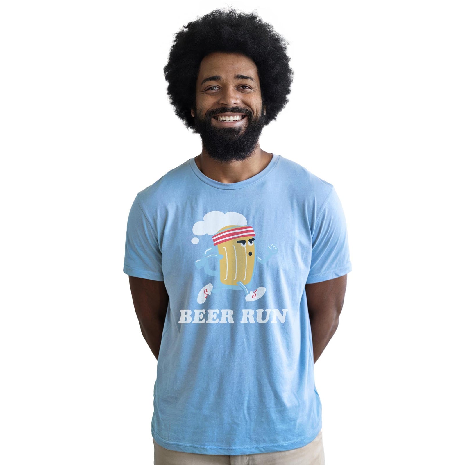 Beer Run Funny Staple T-shirt in Light Blue Heather On Model - Front View