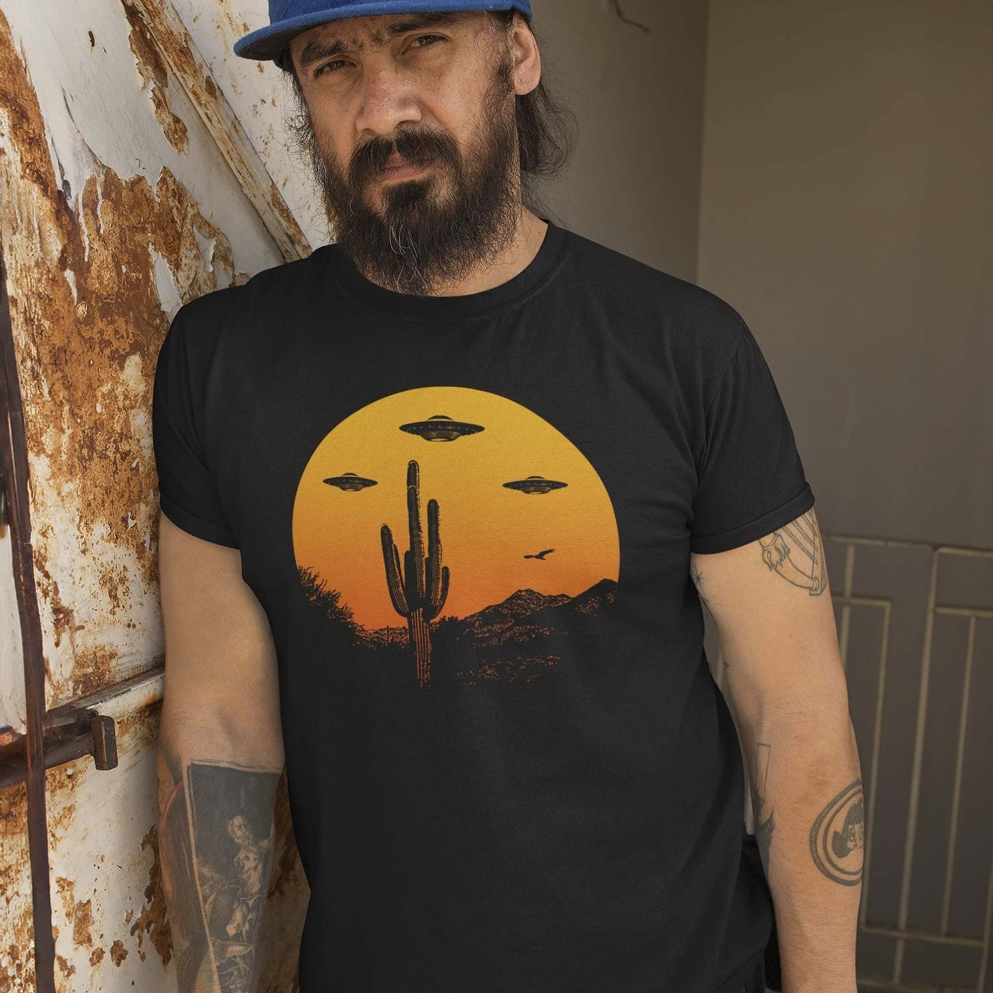 Men's UFO Country Designer Graphic T-Shirt | Cool Alien Desert Cactus Tee On Model | Solid Threads