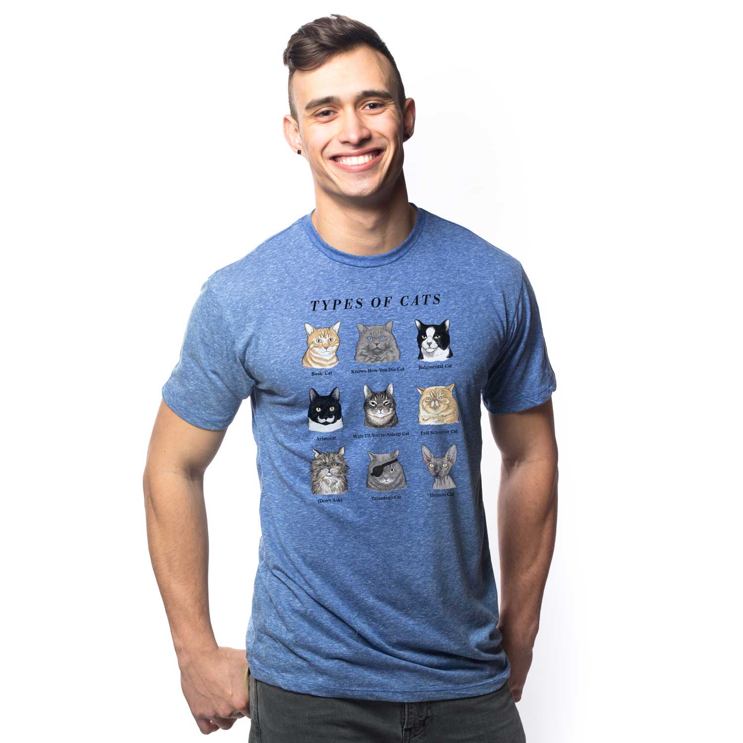 Men's Types Of Cats Vintage Graphic T-Shirt | Funny Chart Pet Parent Tee On Model | Solid Threads