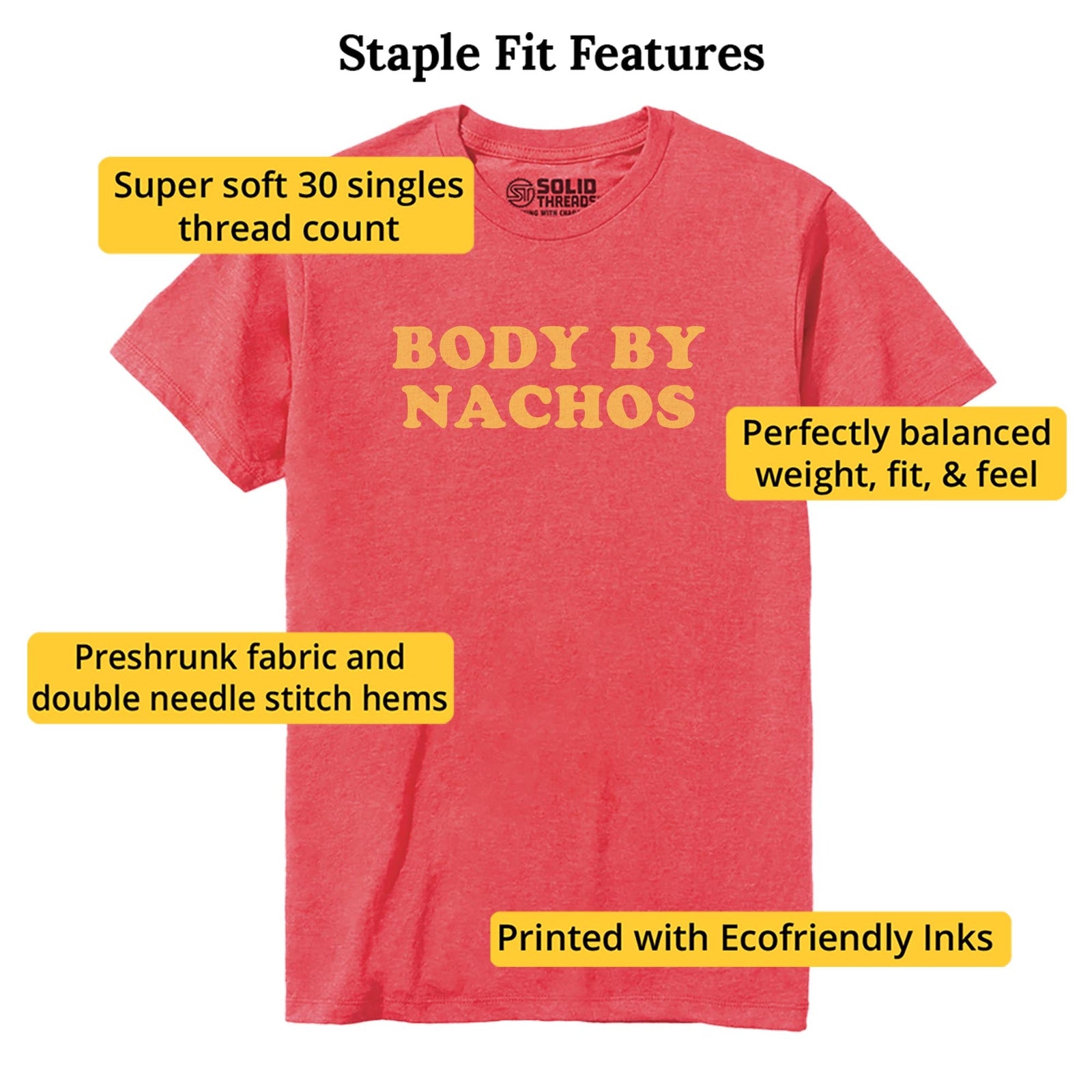 Body By Nachos Funny Staple T-shirt in Red Heather - Fit Attributes