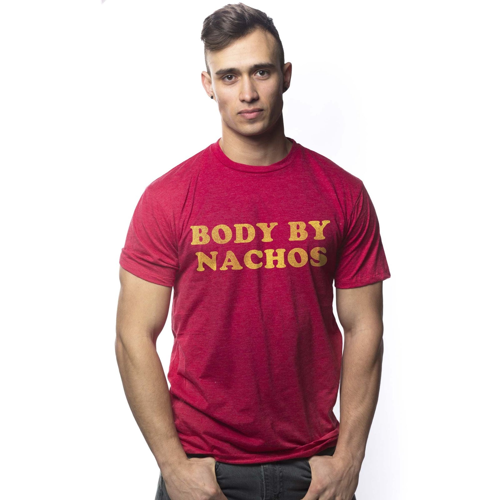 Men's Body By Nachos Funny Graphic T-Shirt | Vintage Food Cheese Snacks Tee On Model | Solid Threads