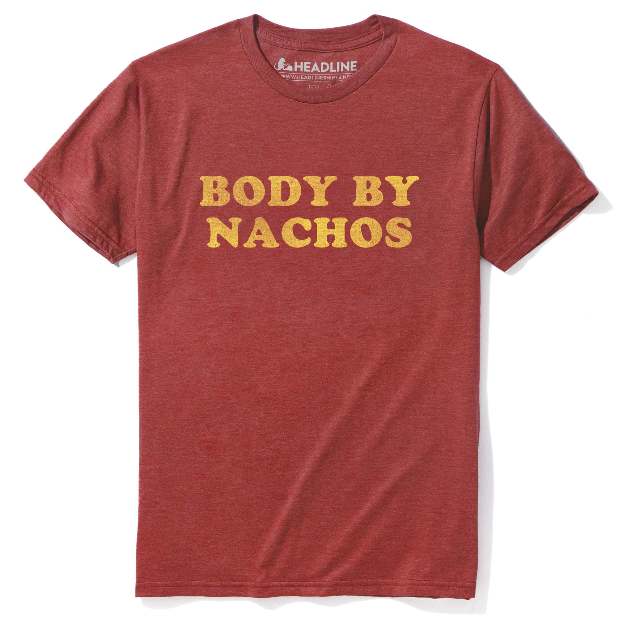 Men's Body By Nachos Funny Junk Food Graphic T-Shirt | Vintage Cheese Snack Tee | Solid Threads