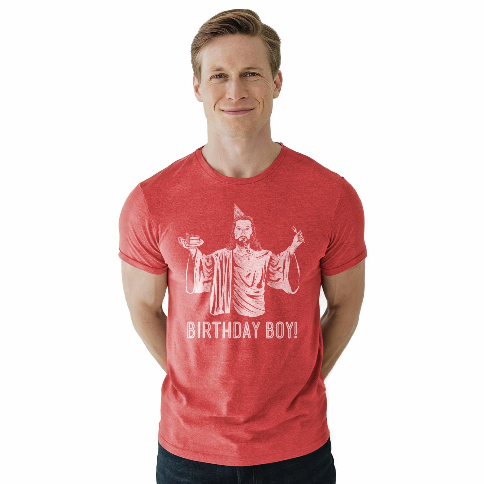 Birthday Boy Funny Staple T-shirt in Red Heather On Model - Front View