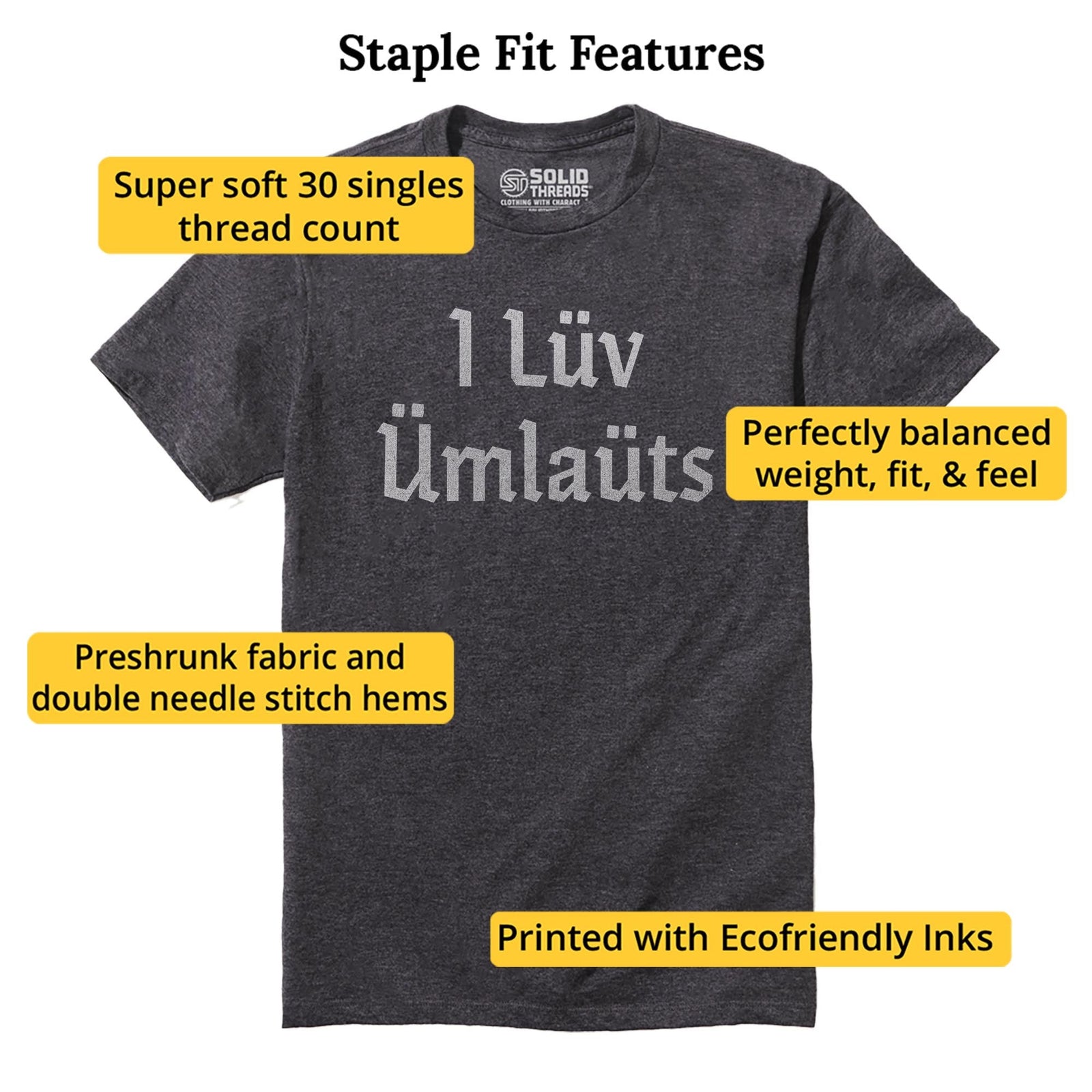 I Lüv Ümlauts Funny Staple T-shirt in Charcoal Heather - Fit Attributes