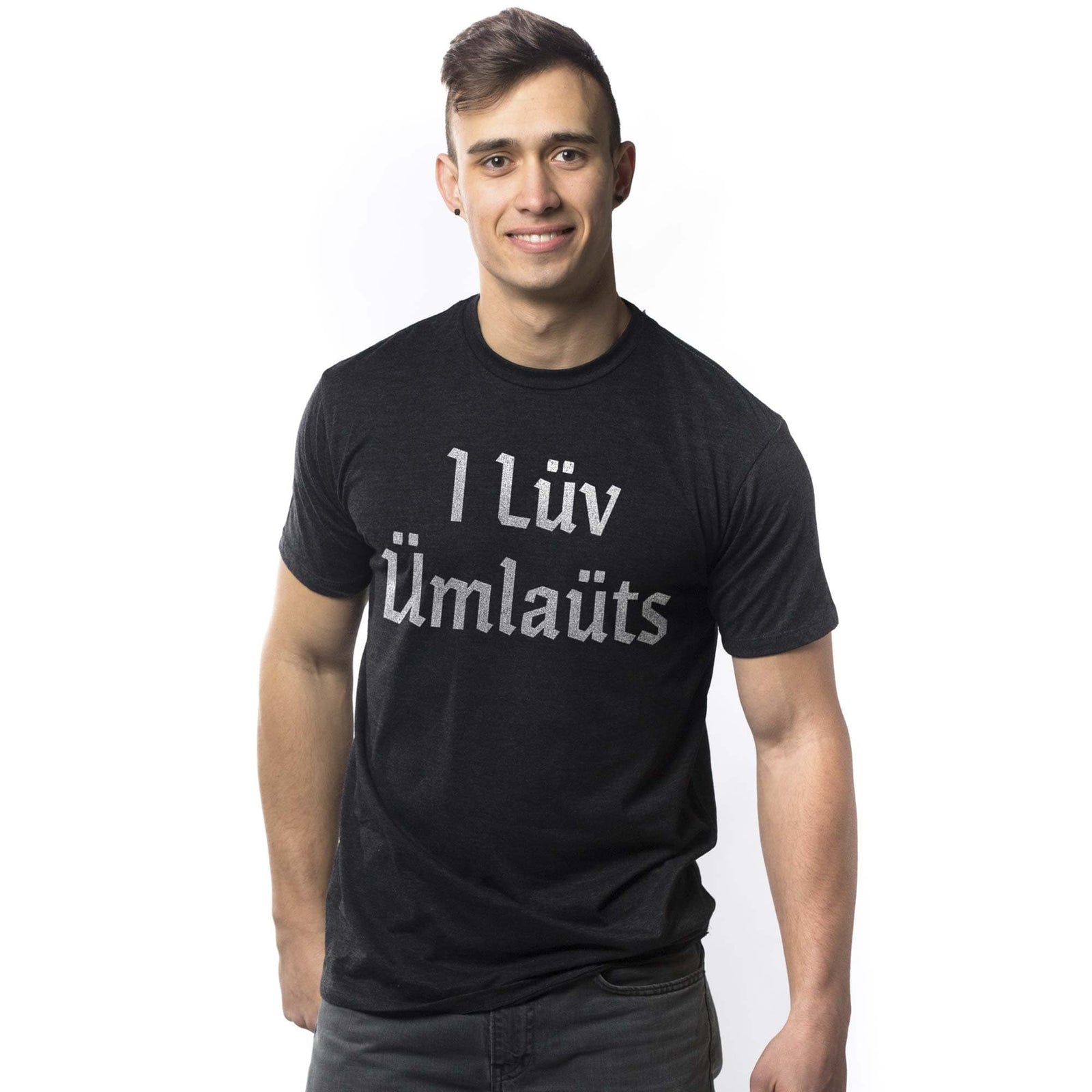 Men's I Lüv Ümlauts Funny Graphic T-Shirt | Vintage Nerdy Tee On Model | Solid Threads