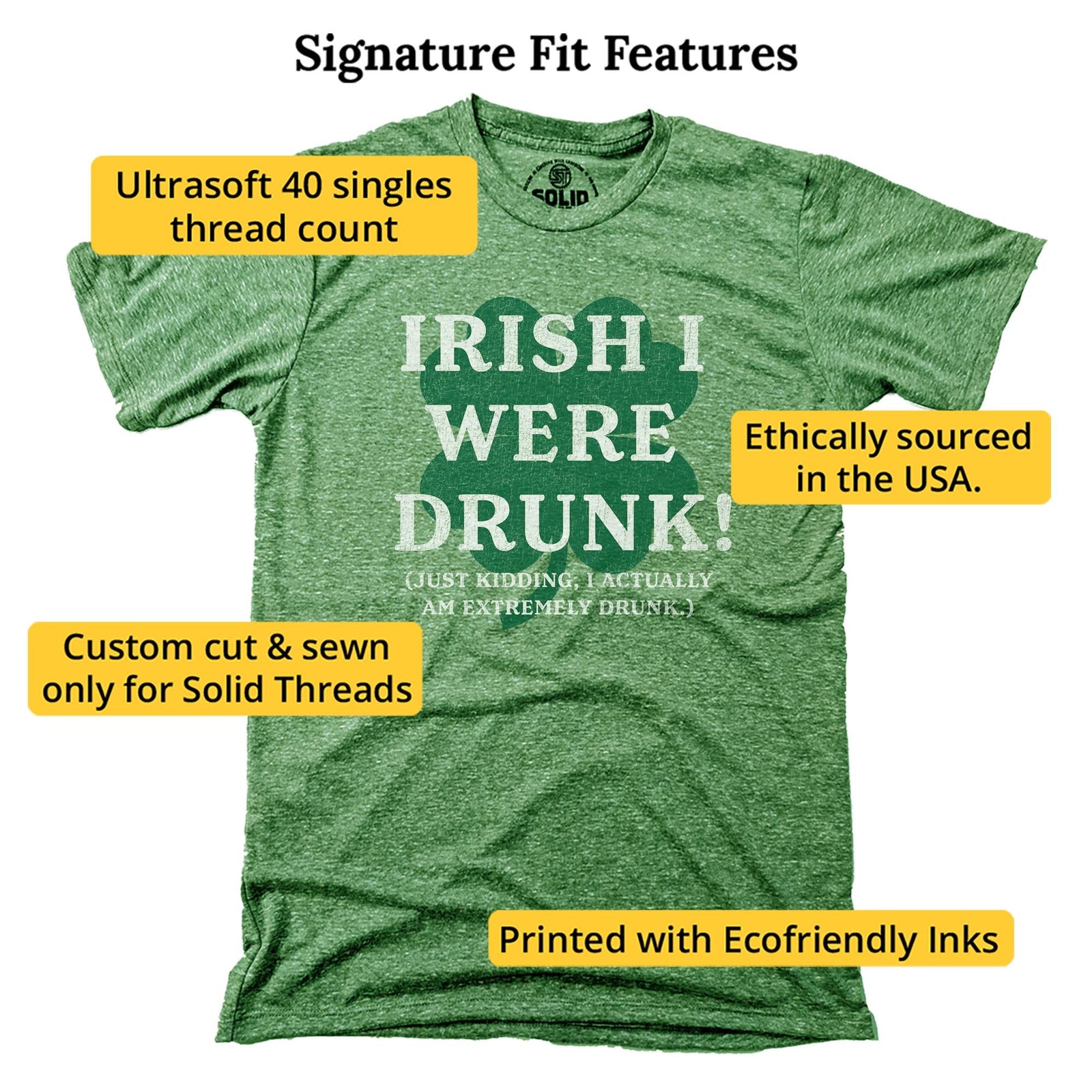 Irish I Were Drunk! Funny Signature T-shirt in Triblend Kelly - Fit Attributes