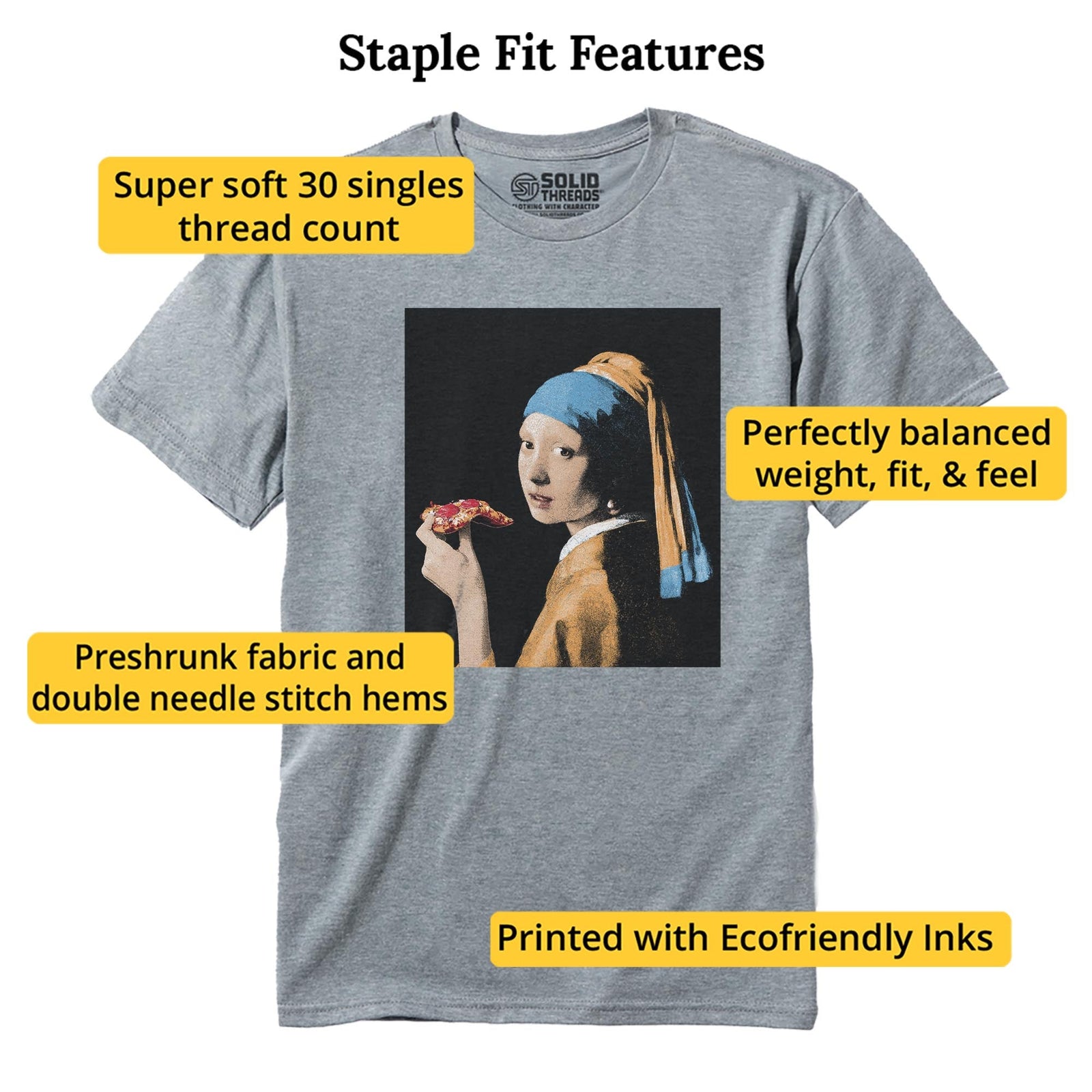 Girl With Pizza Slice Cool Staple T-shirt in Ash Heather - Fit Attributes