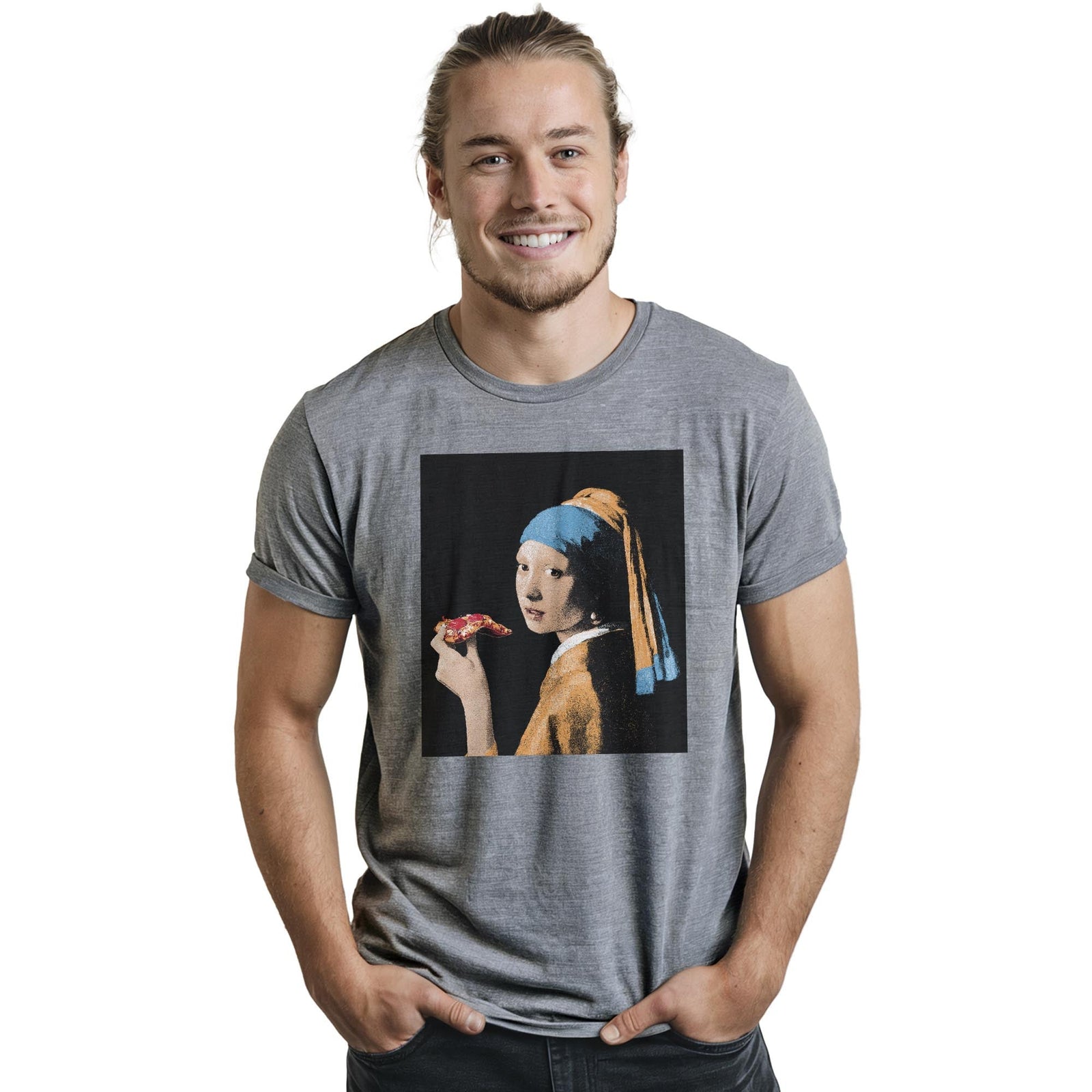 Girl With Pizza Slice Cool Staple T-shirt in Ash Heather On Model - Front View