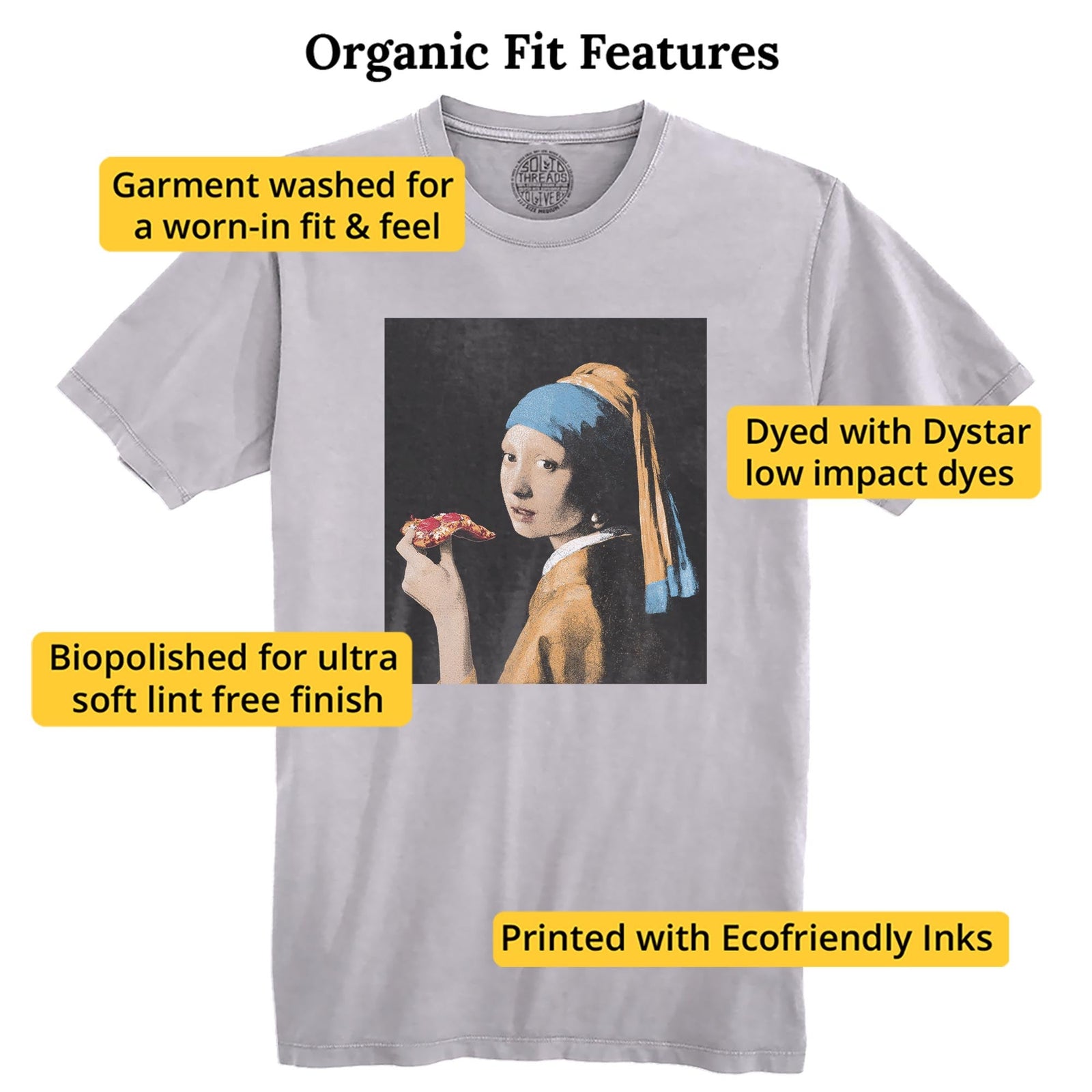 Girl With Pizza Slice Cool Organic T-shirt in Silver - Fit Attributes