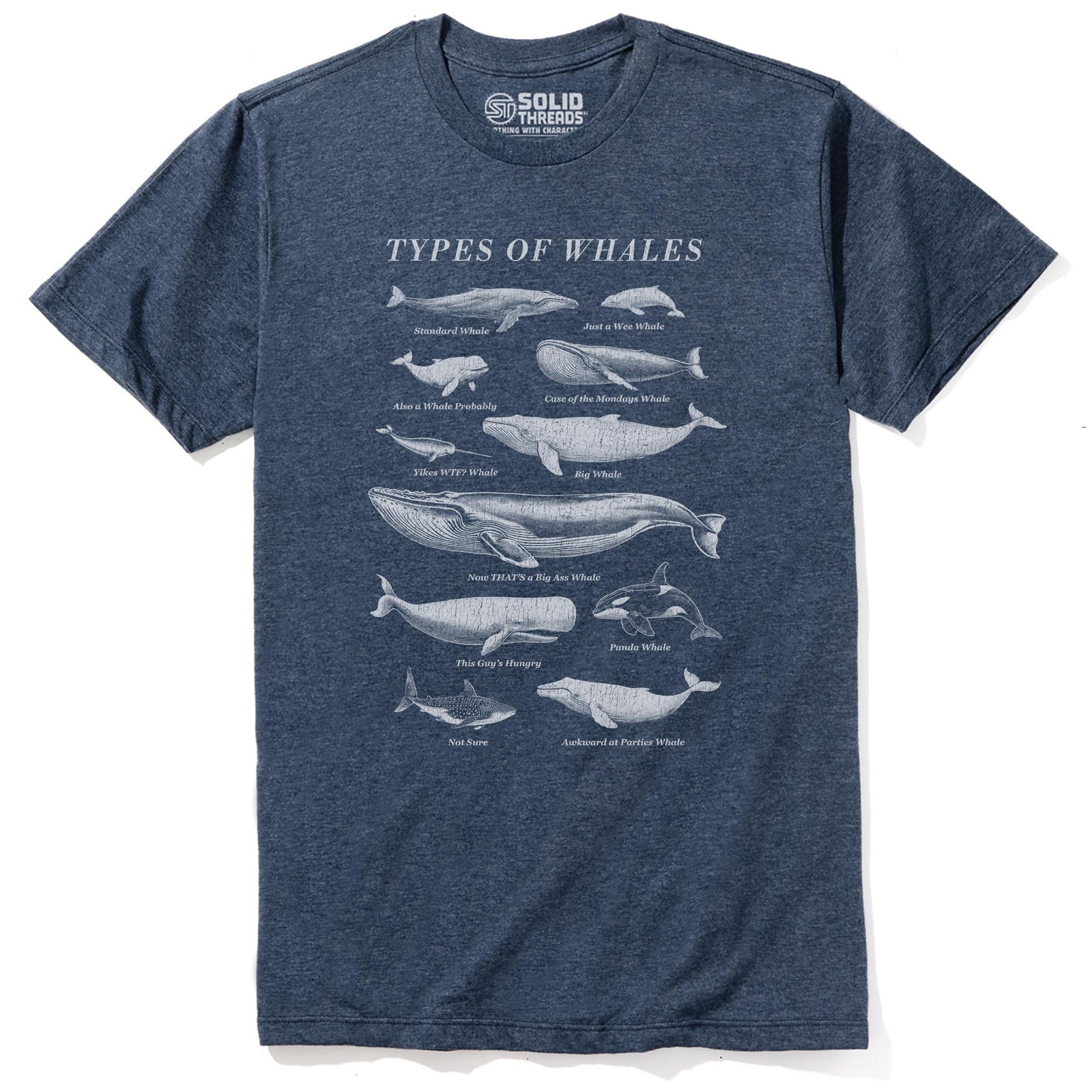 Types Of Whales Funny Staple T-shirt in Navy Heather - Front View