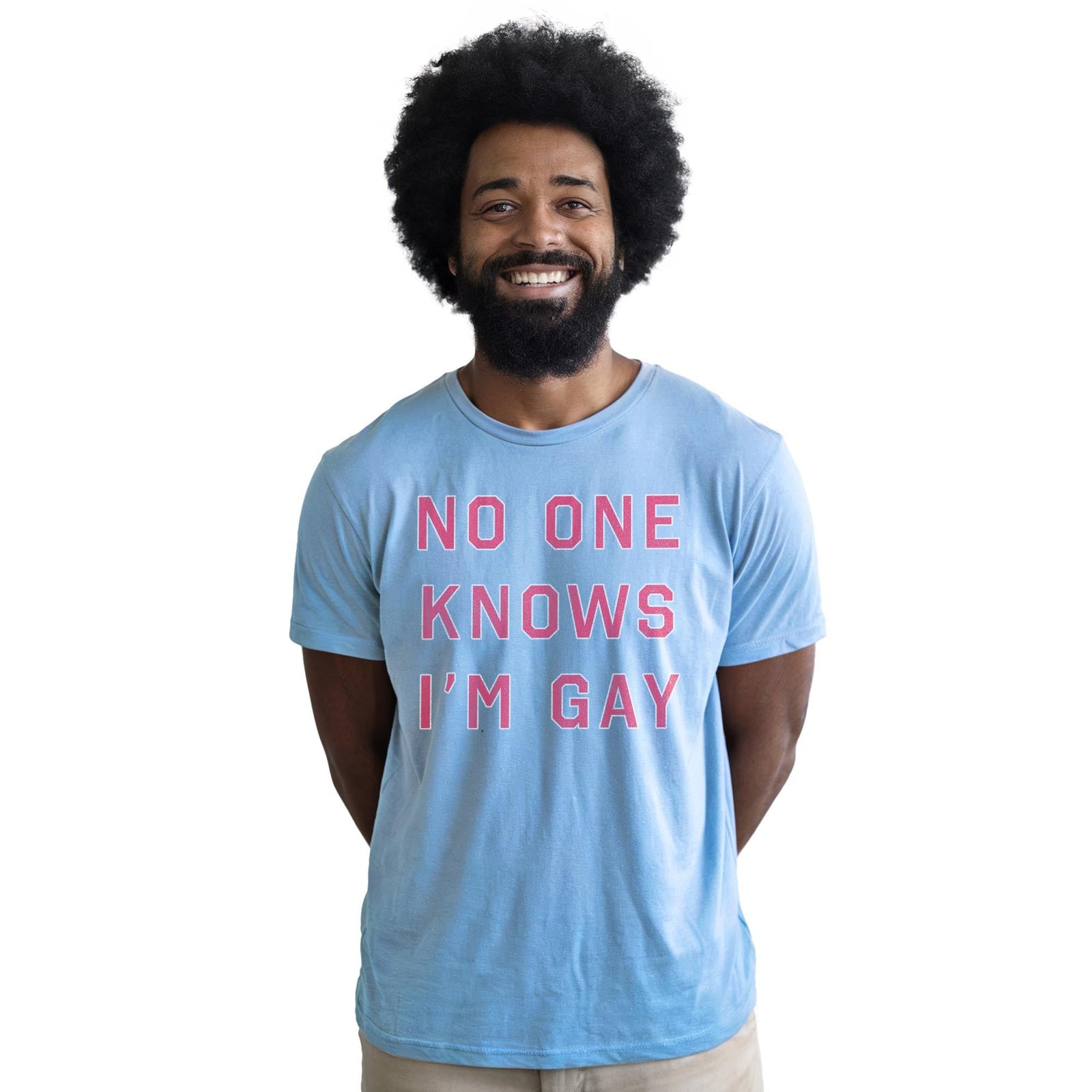 No One Knows Im Gay Vintage Staple T-shirt in Light Blue Heather On Model - Front View