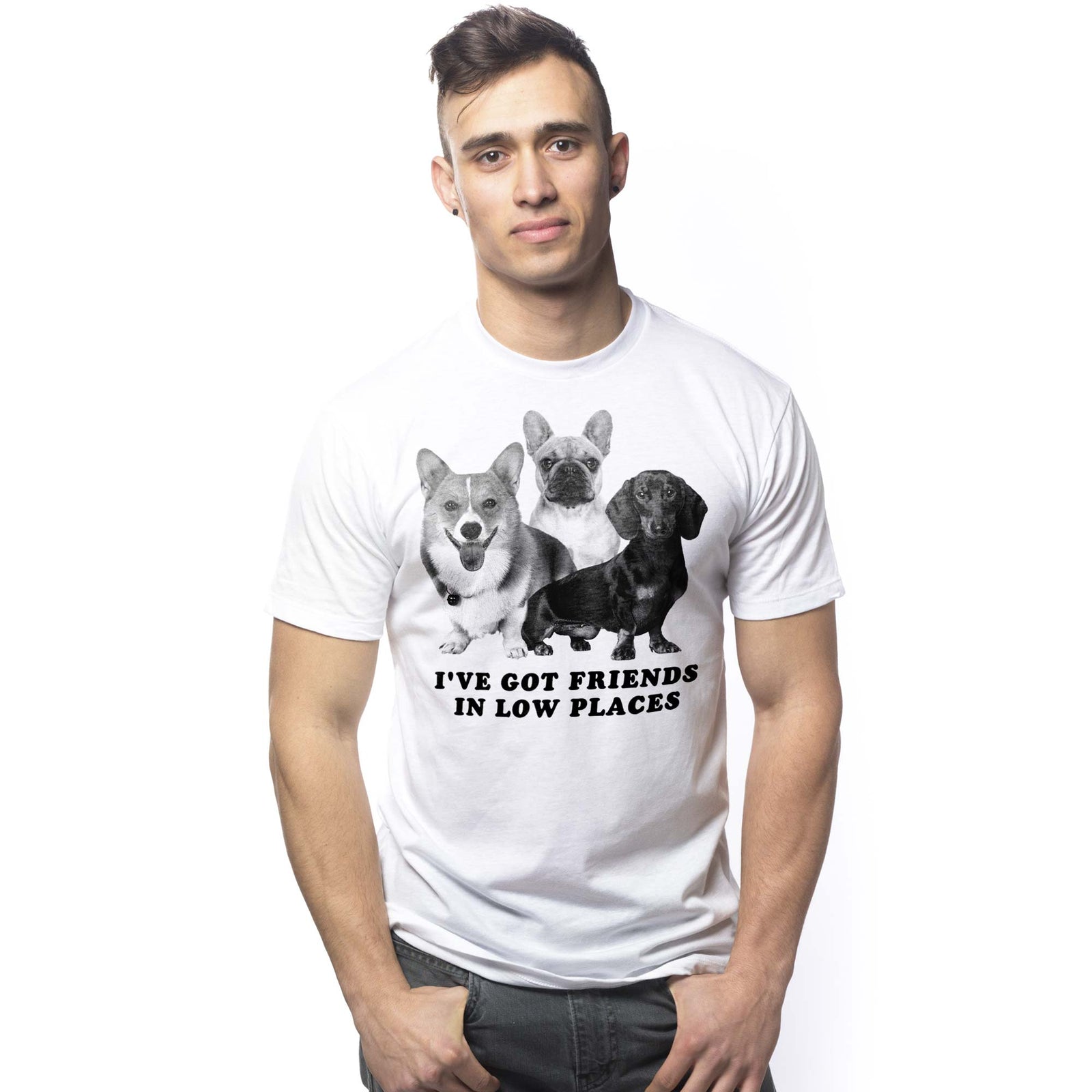 Men's I'Ve Got Friends In Low Places Funny Graphic T-Shirt | Cool Dog Pun Tee On Model | Solid Threads
