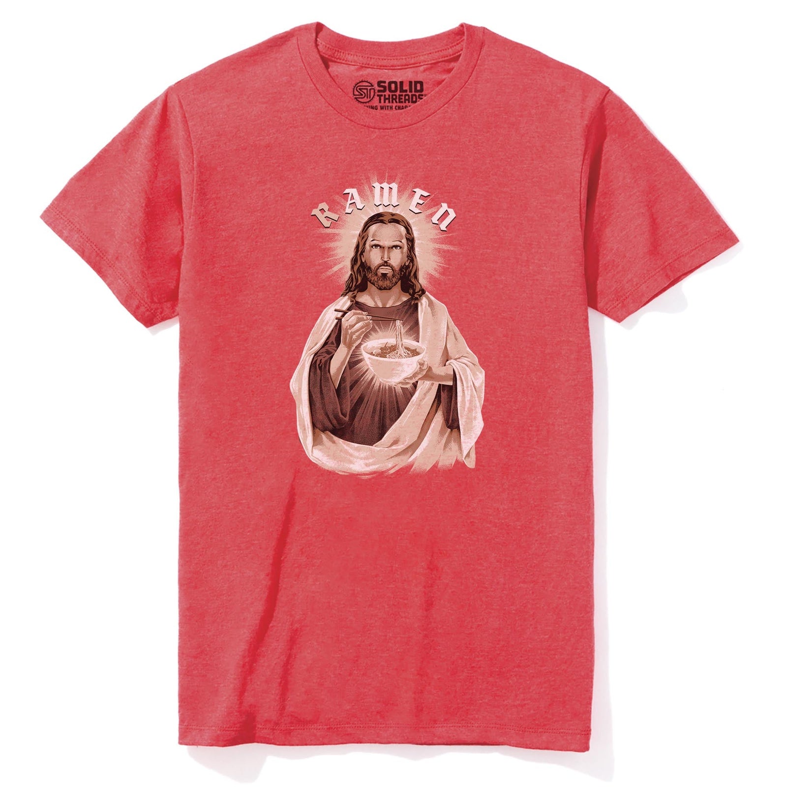 R Amen Funny Staple T-shirt in Red Heather - Front View