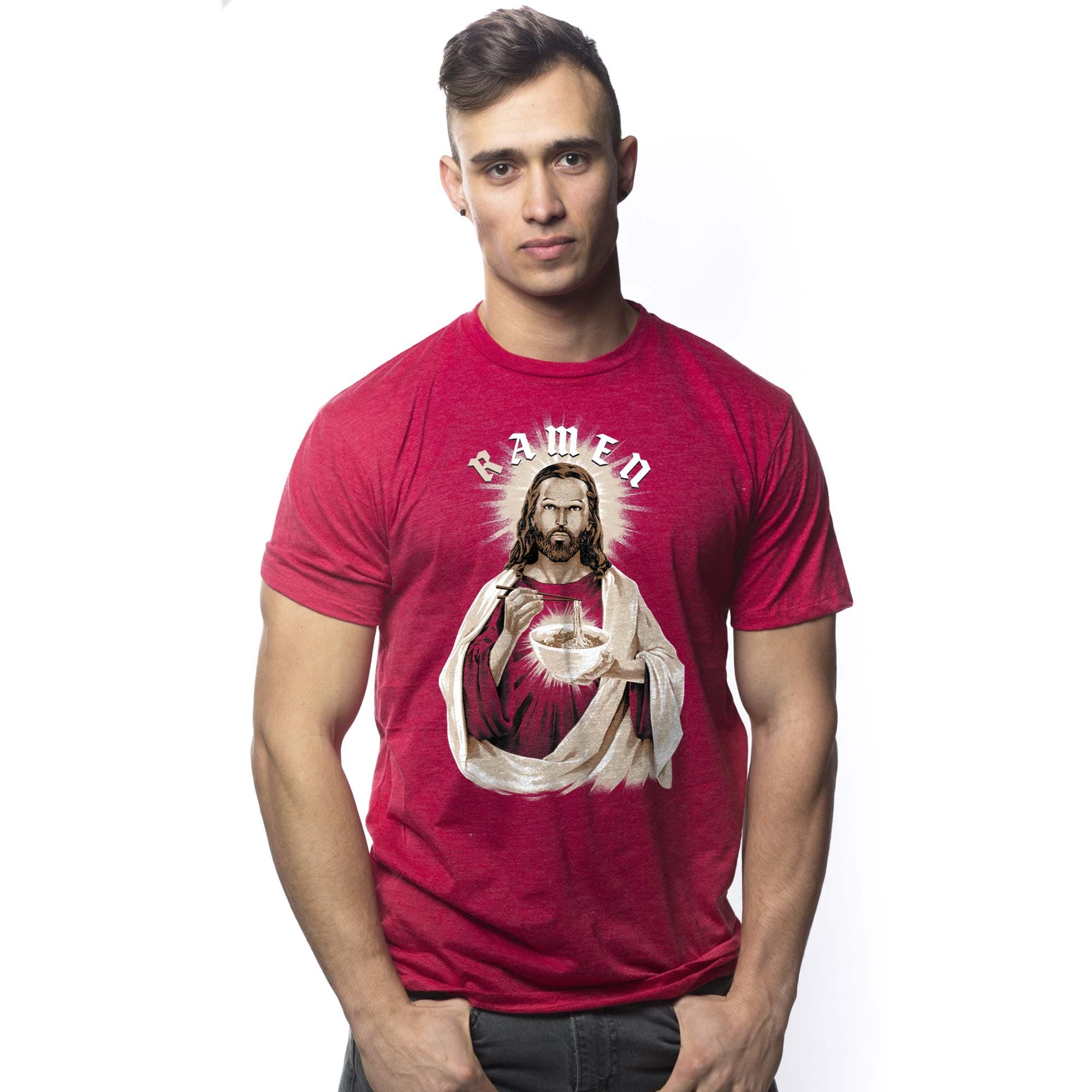 Men's R-Amen Funny Jesus Parody Graphic T-Shirt | Cool Ramen Noodles Tee on Model | Solid Threads