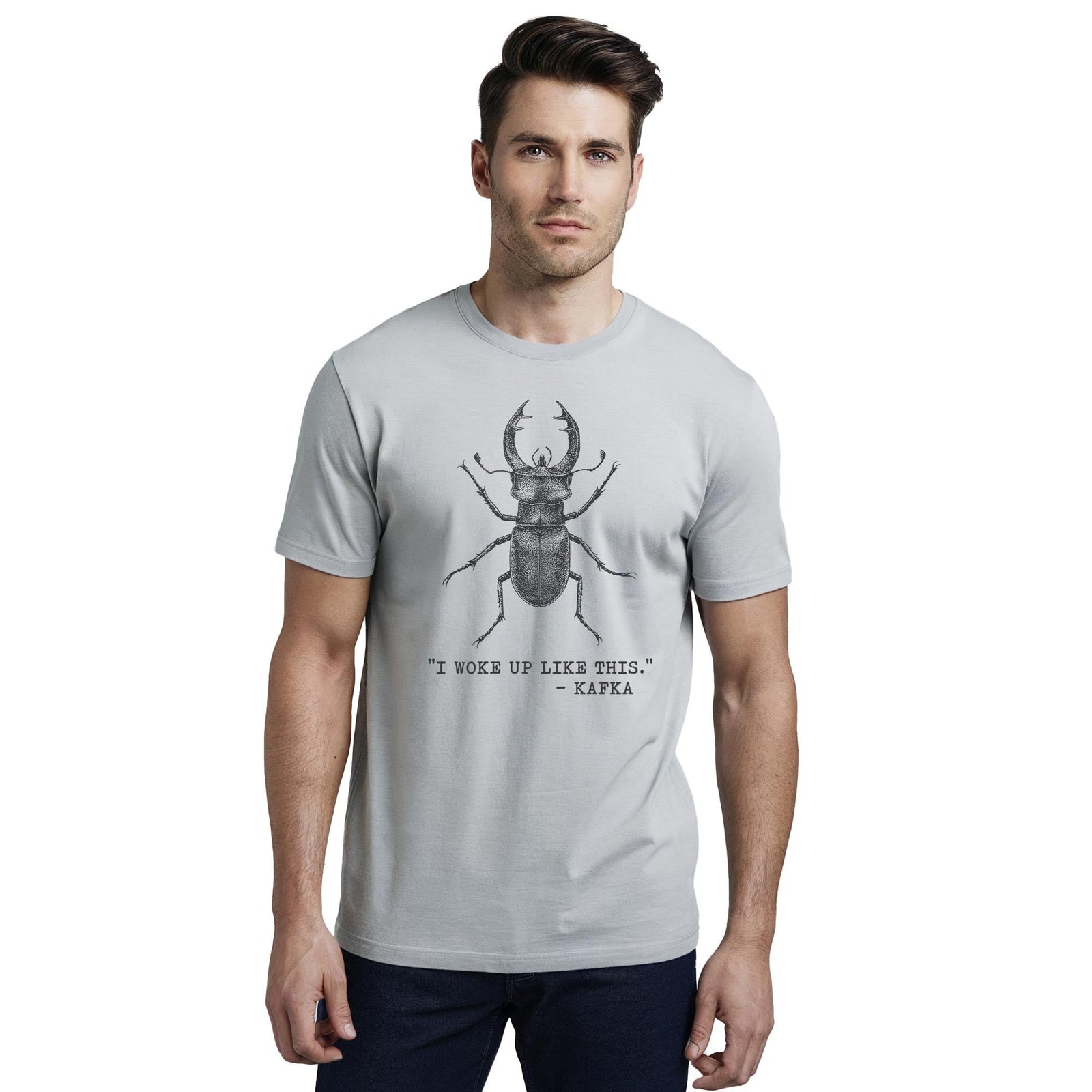 I Woke Up Like This - Kafka Funny Staple T-shirt in Silver On Model - Front View