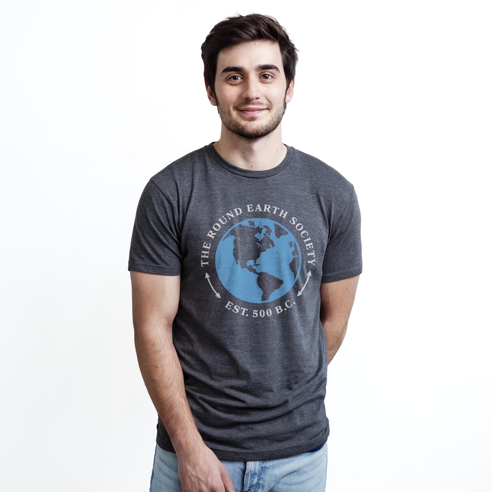 Round Earth Society Cool Staple T-shirt in Charcoal Heather On Model - Front View