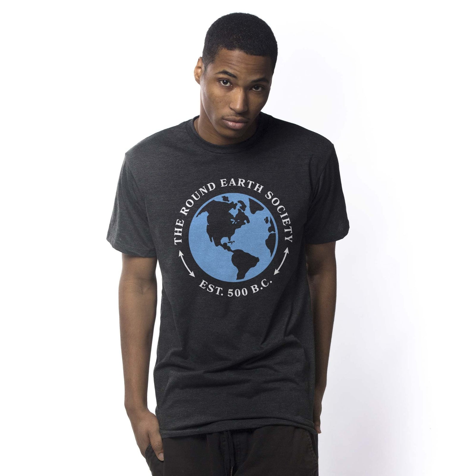 Men's Round Earth Society Cool Graphic T-Shirt | Funny Flat Earther Parody Tee On Model | Solid Threads
