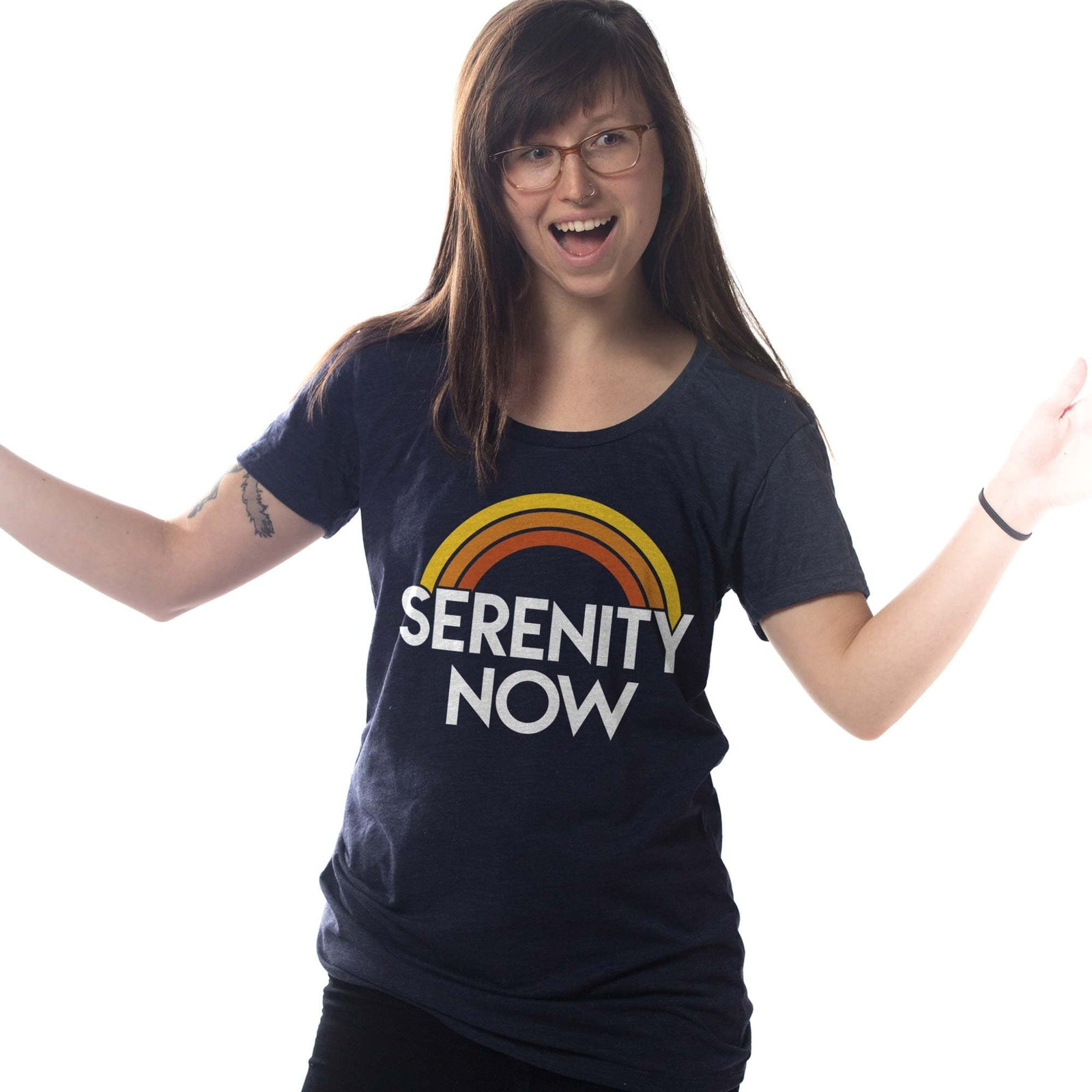 Women's Serenity Now Designer Graphic T-Shirt | Cool Rainbow Meditation Tee On Model | Solid Threads