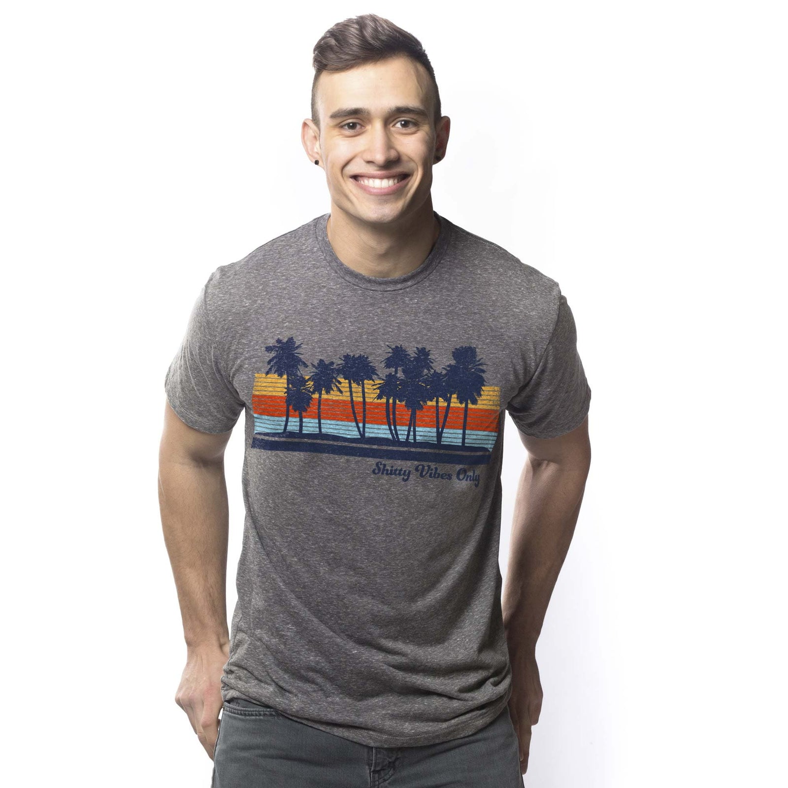 Men's Shitty Vibes Only Designer Graphic T-Shirt | Cool Palm Trees Sunset Beach Tee | Solid Threads